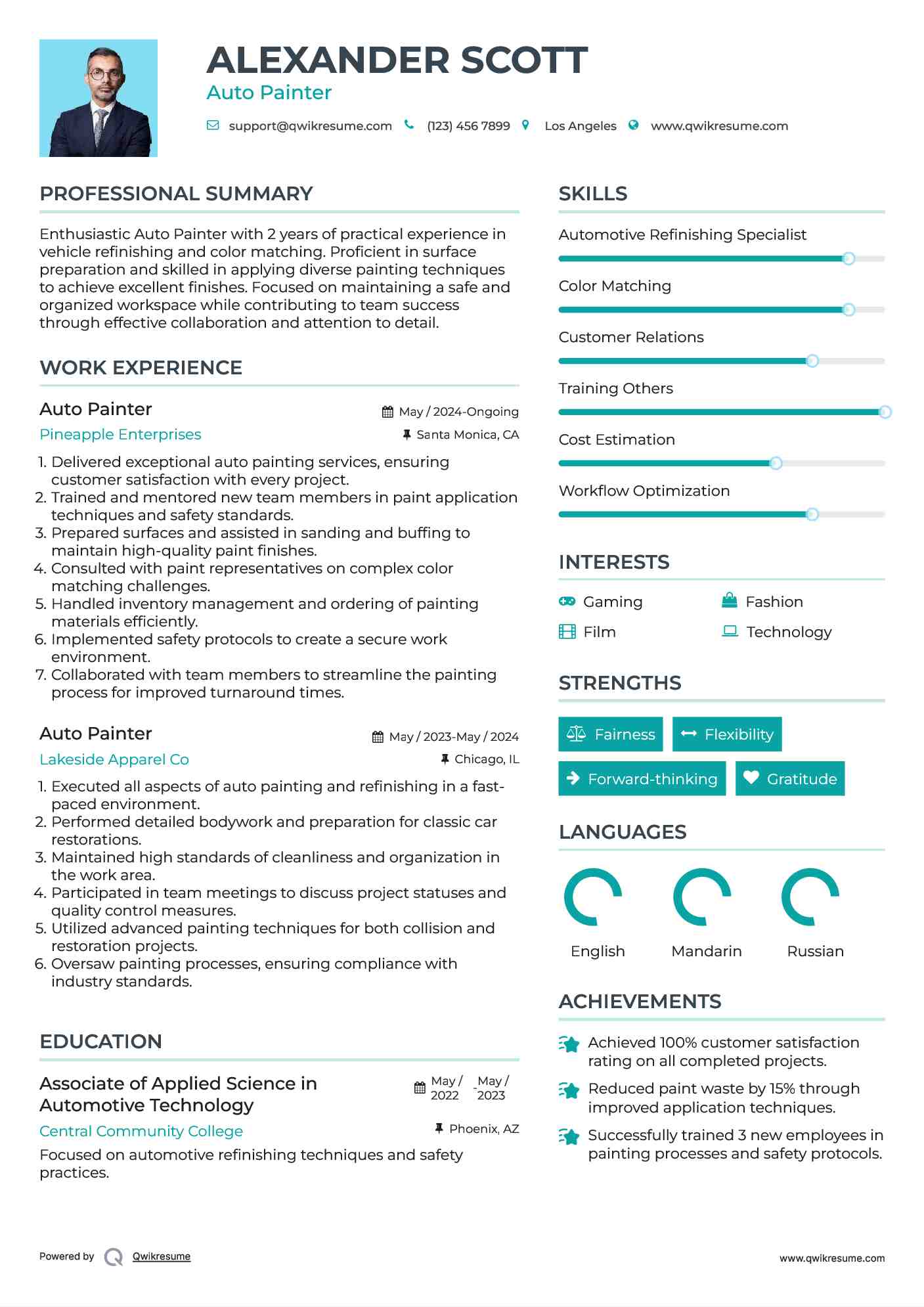 Auto Painter Resume Samples QwikResume