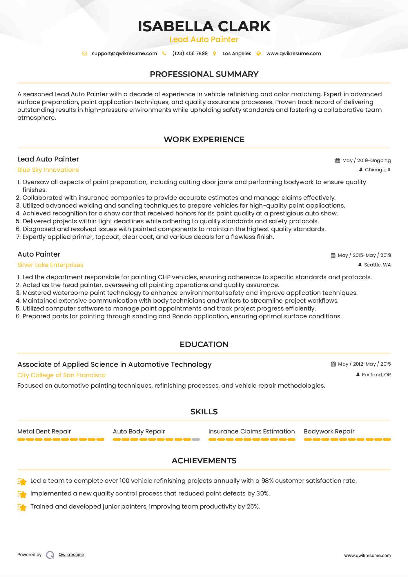 Lead Auto Painter Resume Template