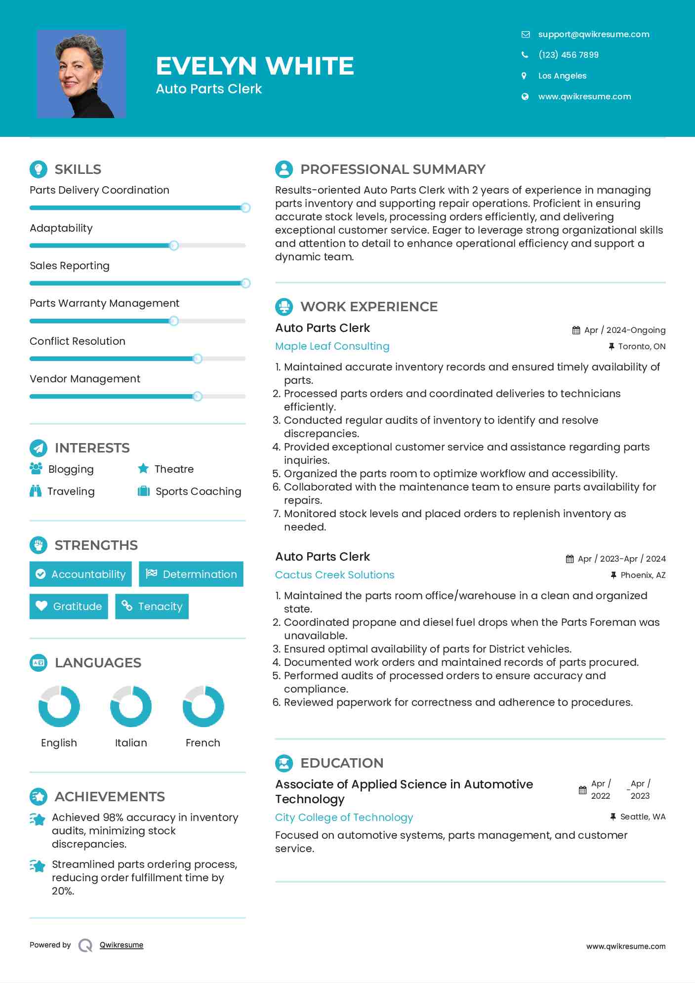Auto Parts Clerk Resume Format