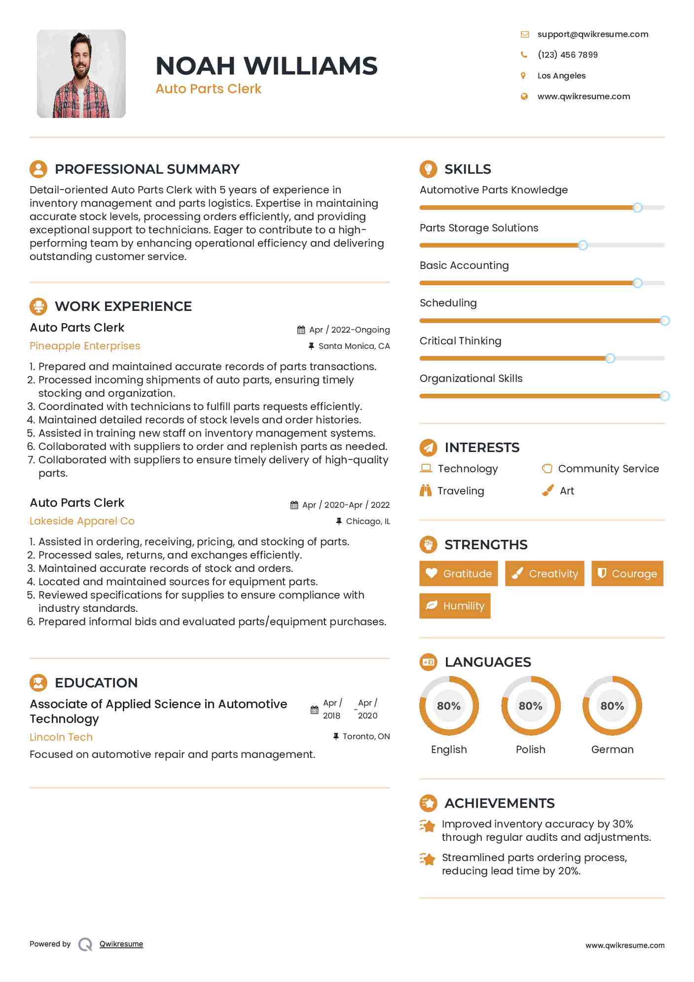 Auto Parts Clerk Resume Sample