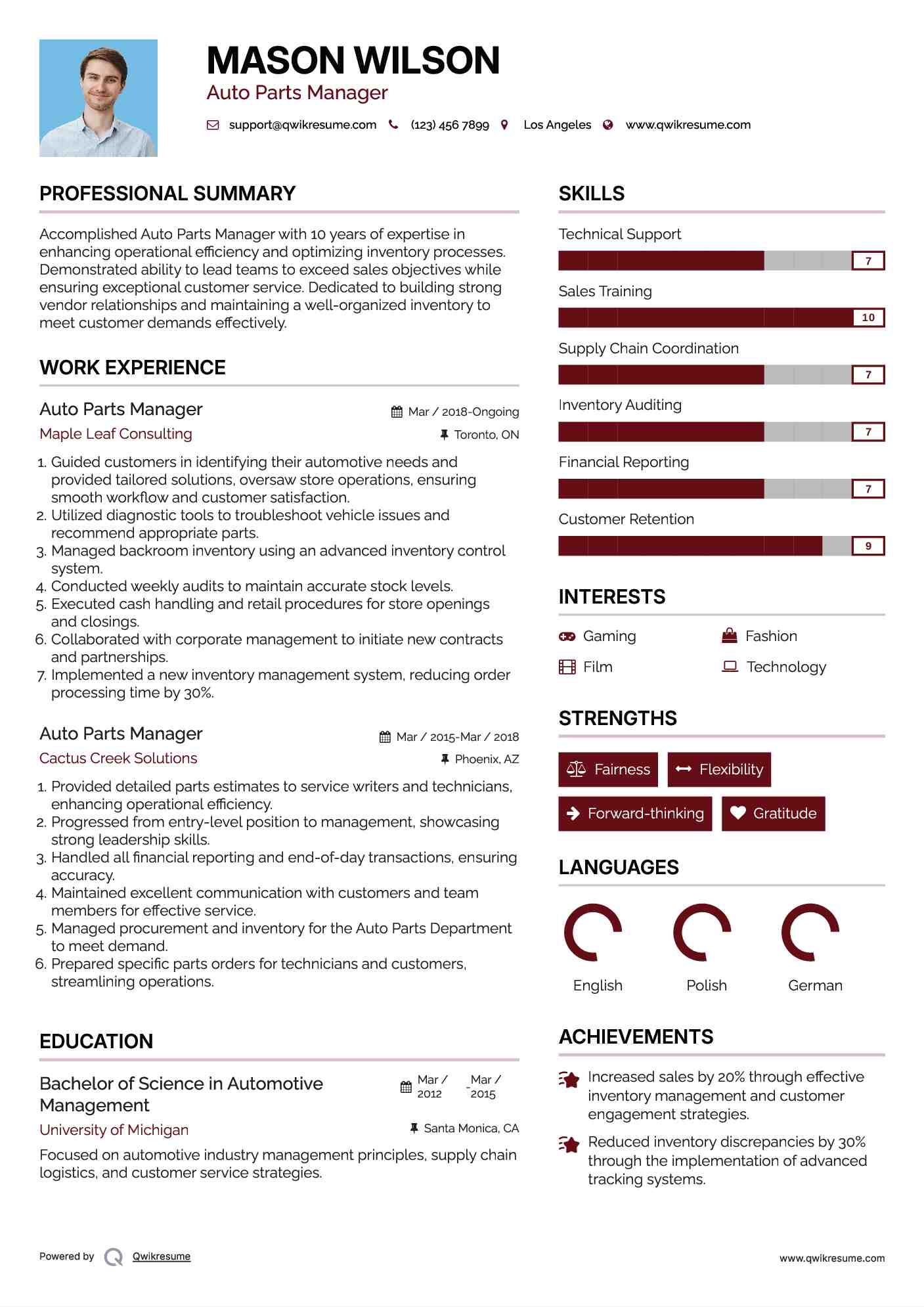 Auto Parts Manager Resume Sample