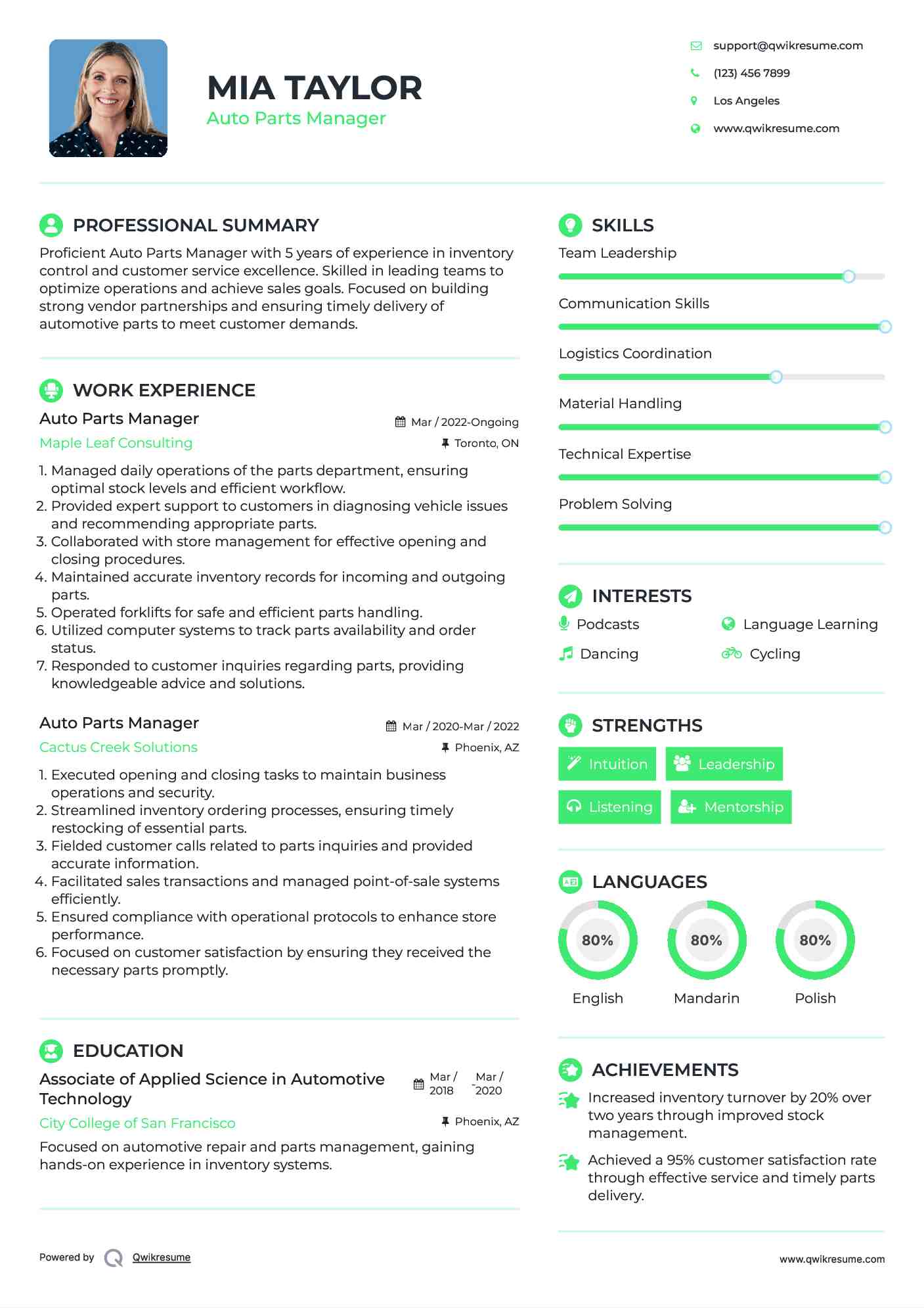 Auto Parts Manager Resume Template