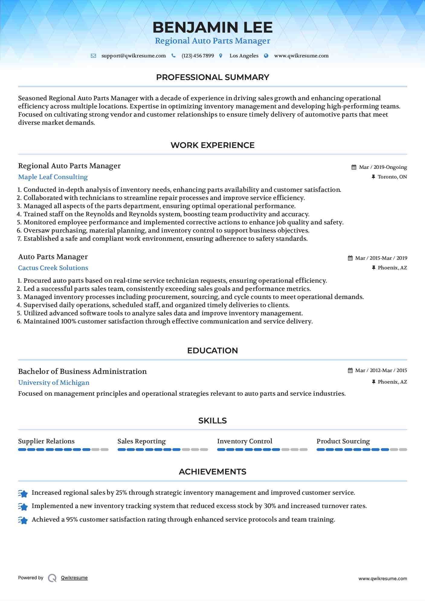 Regional Auto Parts Manager Resume Format