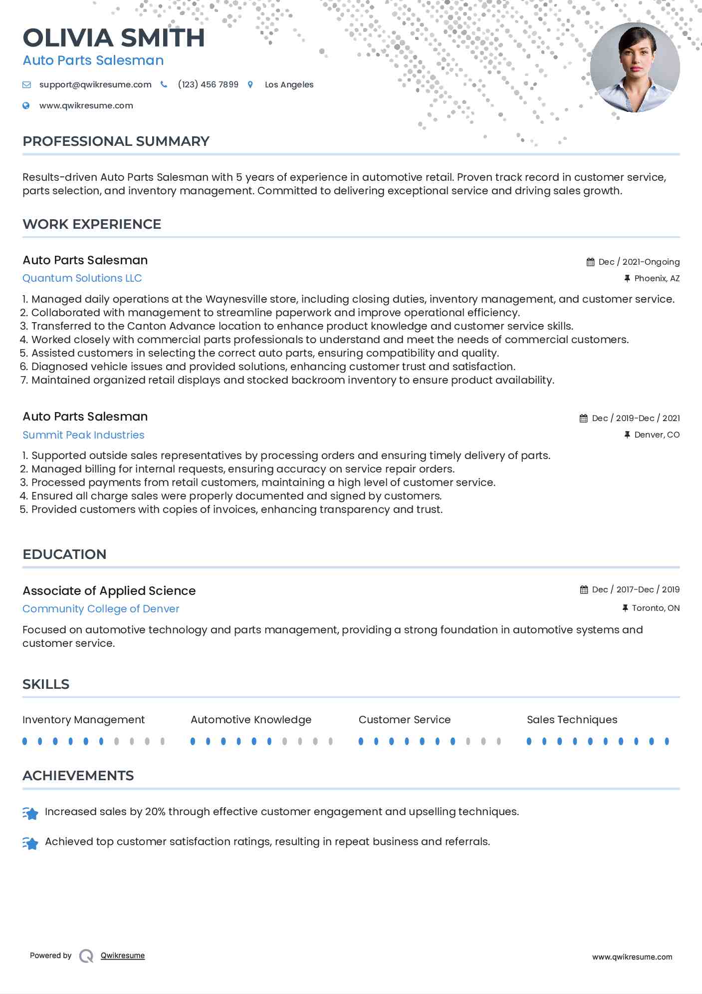 Auto Parts Salesman Resume Example
