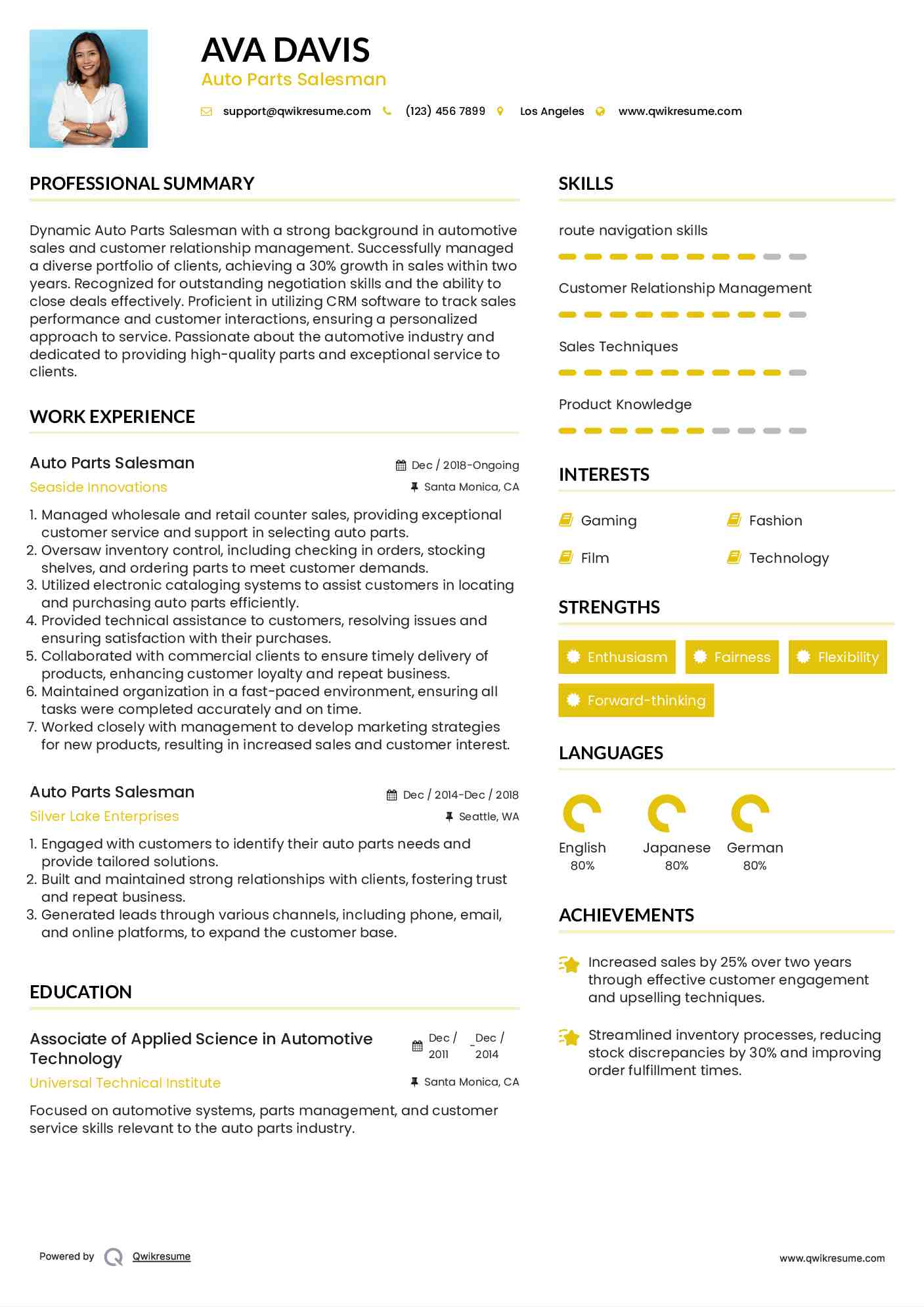 Auto Parts Salesman Resume Example