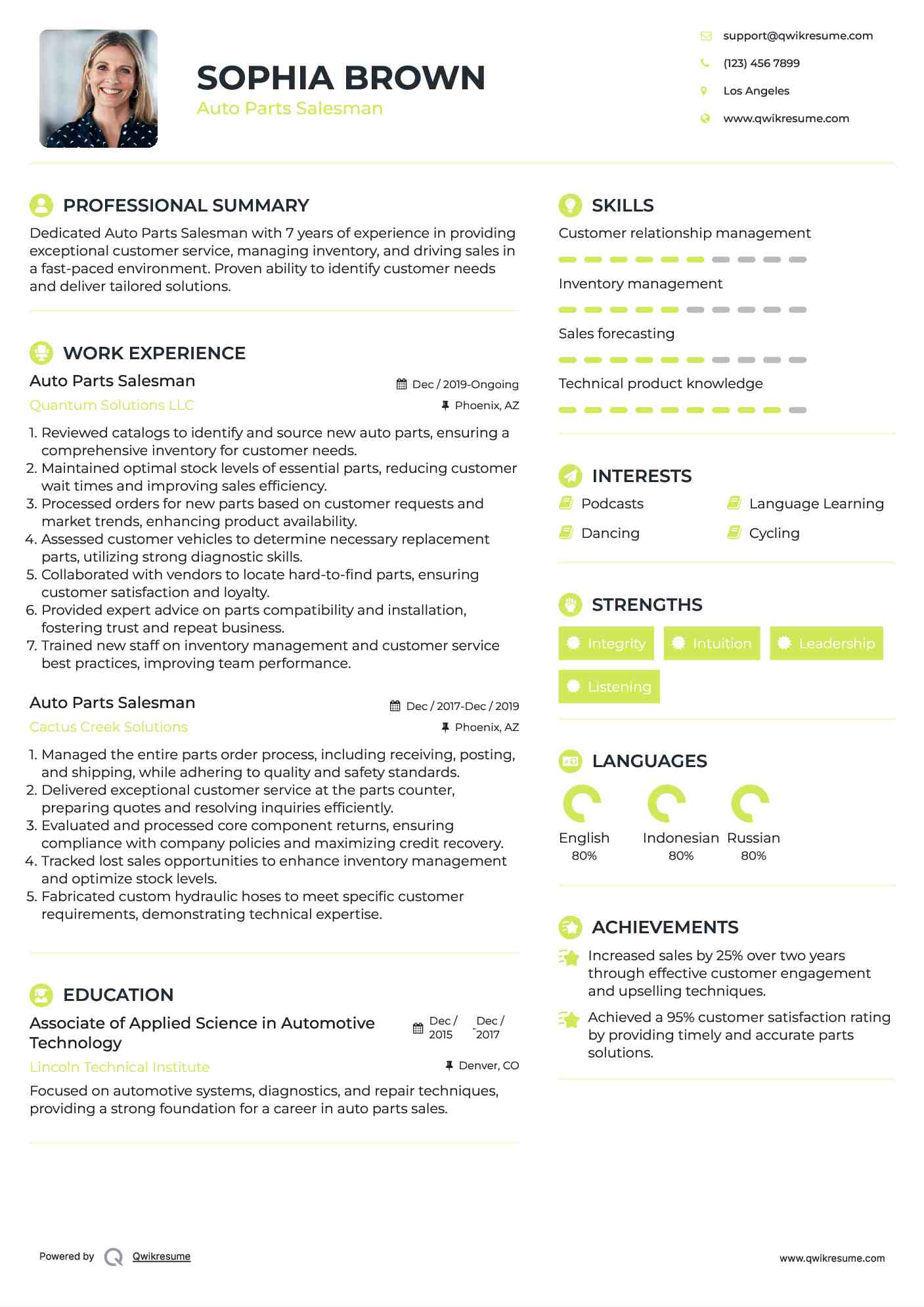 Auto Parts Salesman Resume Format