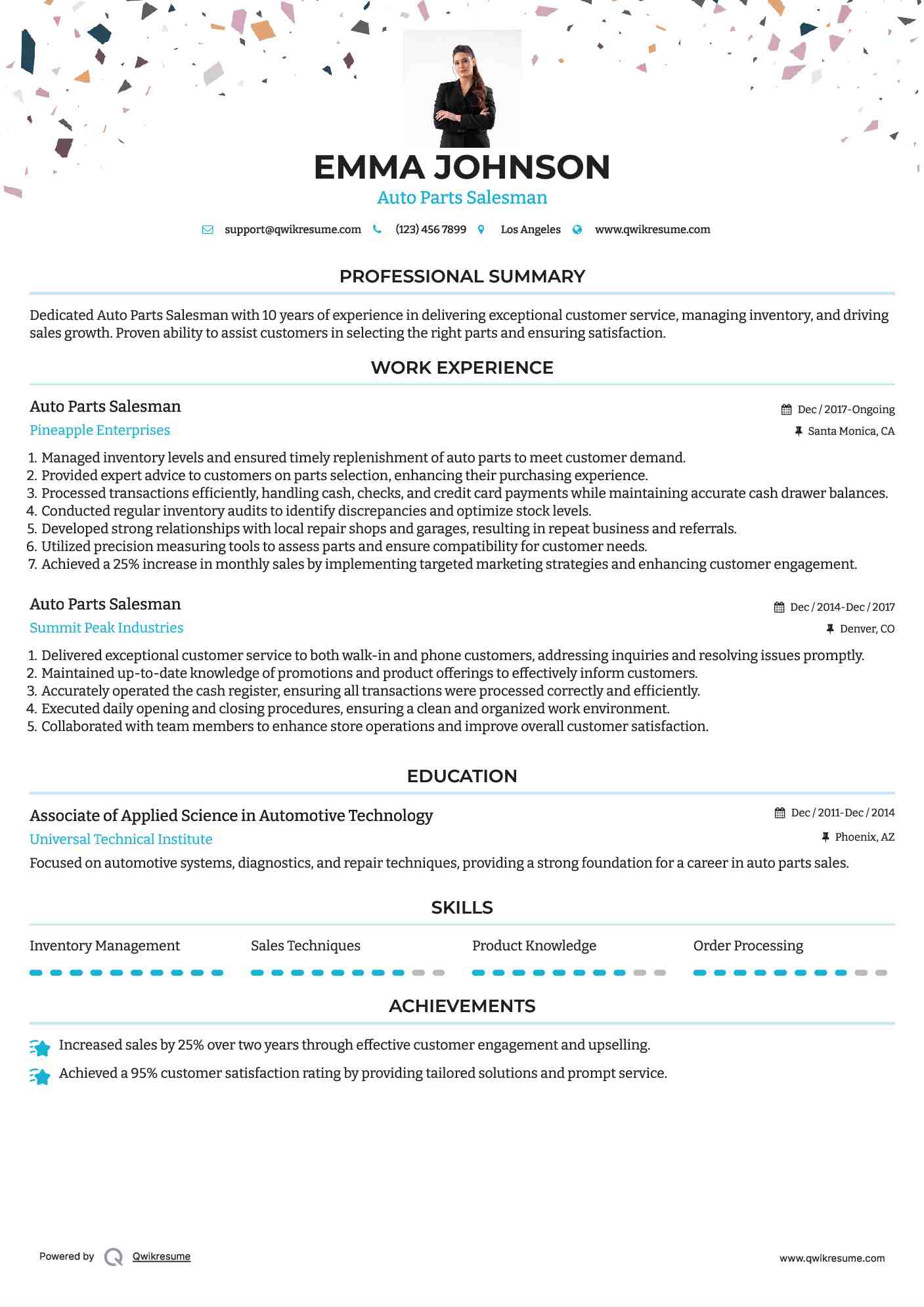 Auto Parts Salesman Resume Model