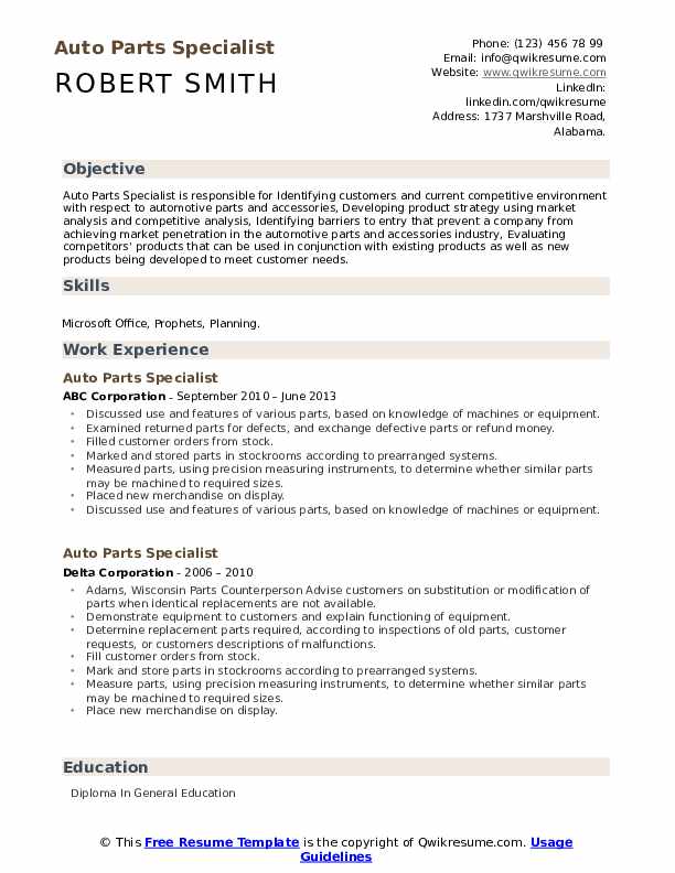 Auto Parts Specialist Resume Samples QwikResume