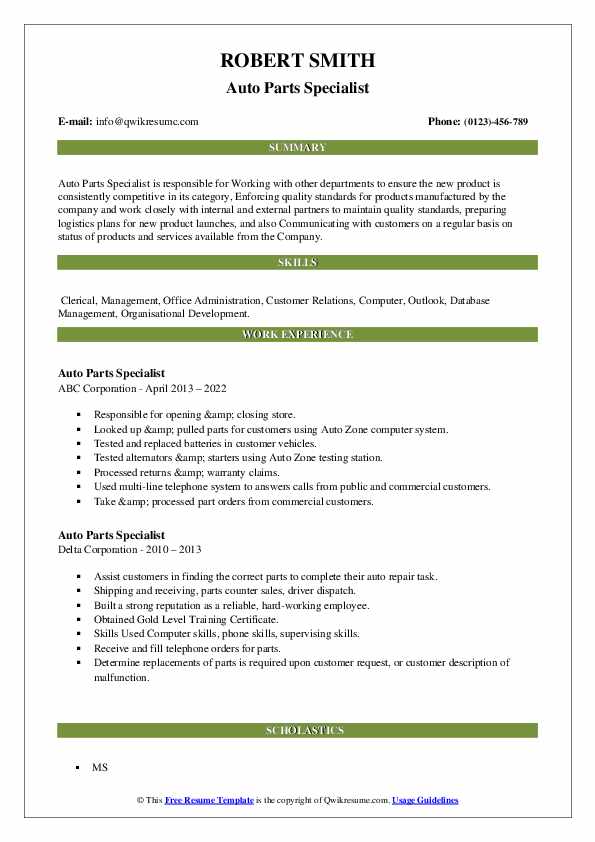 Auto Parts Specialist Resume Samples QwikResume