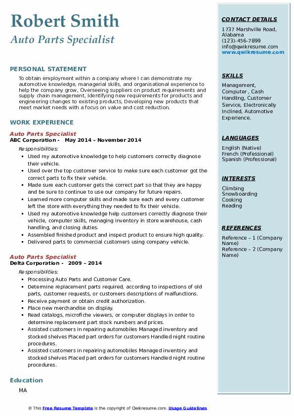 Auto Parts Specialist Resume Samples QwikResume