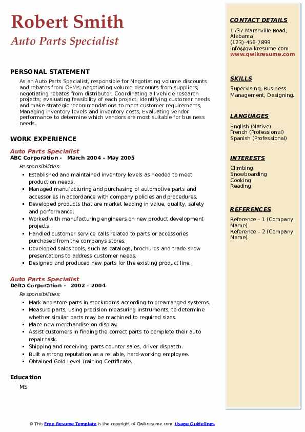 Auto Parts Specialist Resume Samples QwikResume