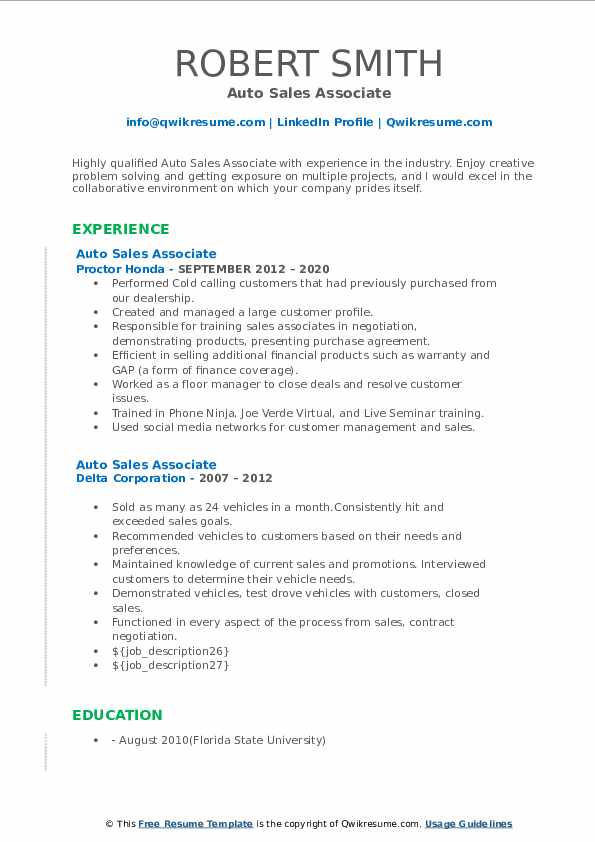 Auto Sales Associate Resume Samples QwikResume