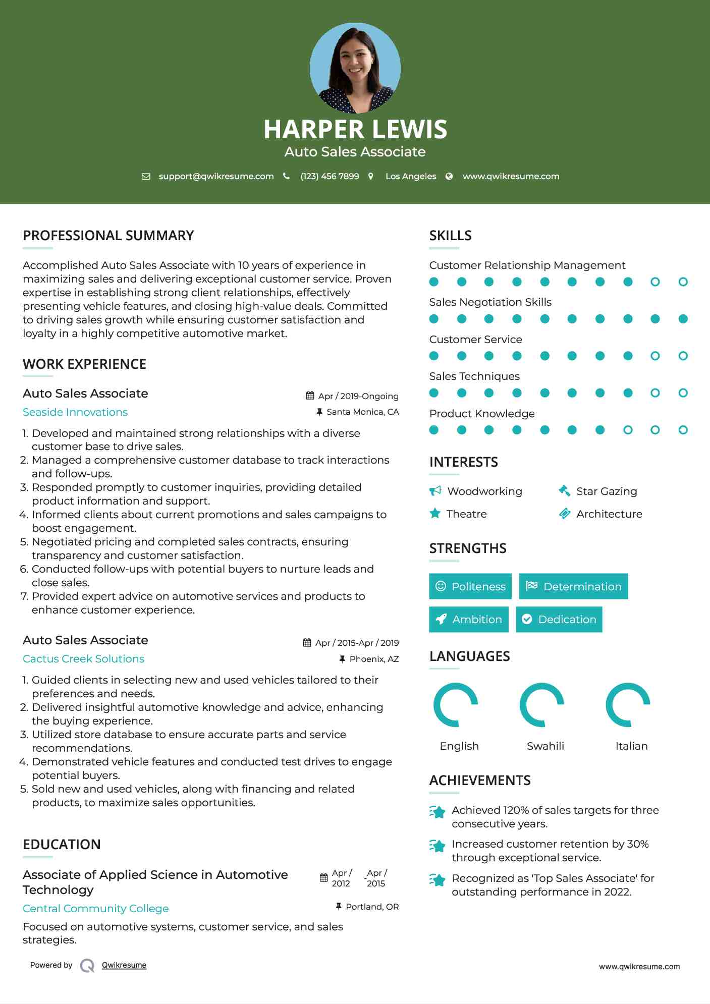 Auto Sales Associate Resume Format