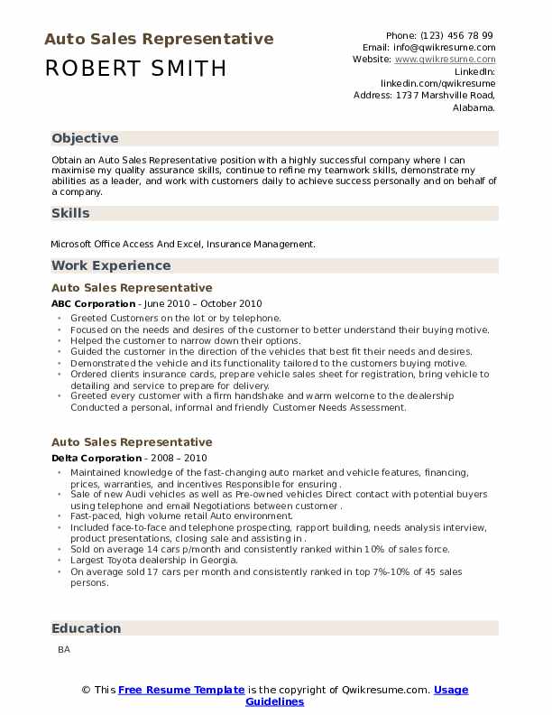 Auto Sales Representative Resume Samples QwikResume