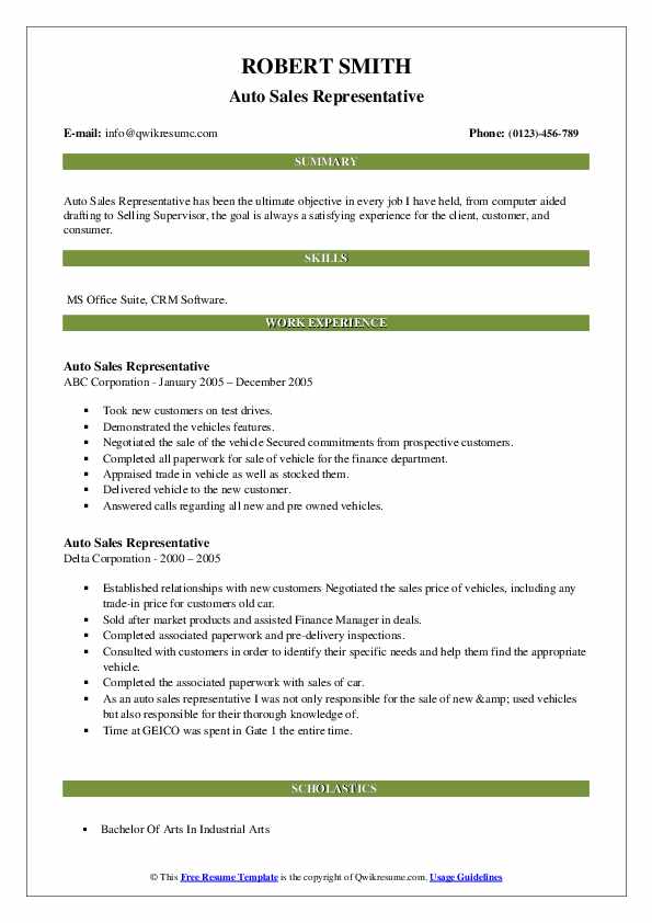 Auto Sales Representative Resume Samples QwikResume
