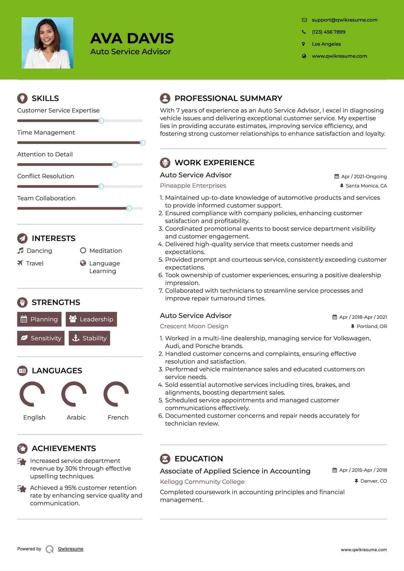 Auto Service Advisor Resume Example