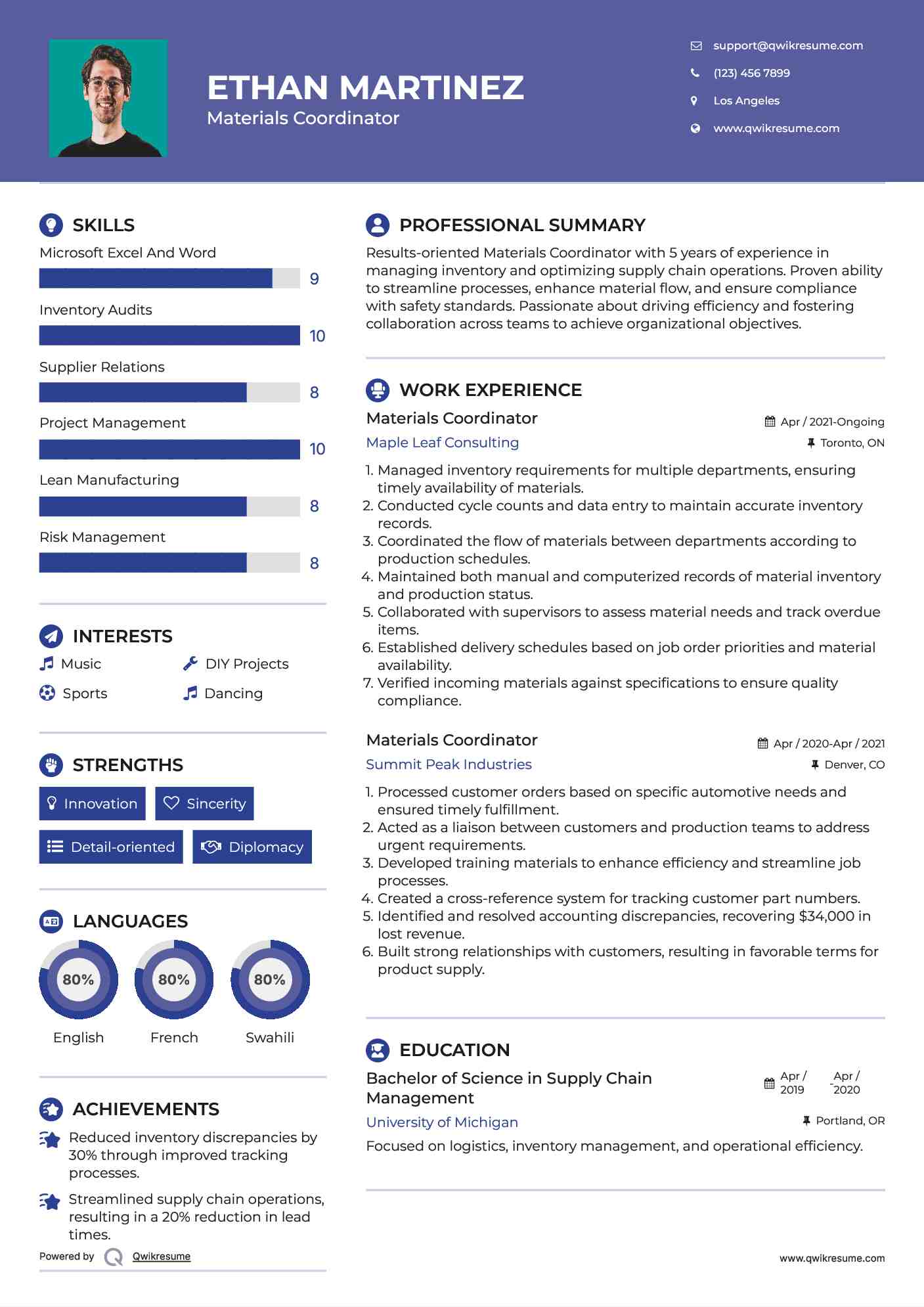 Materials Coordinator Resume Example