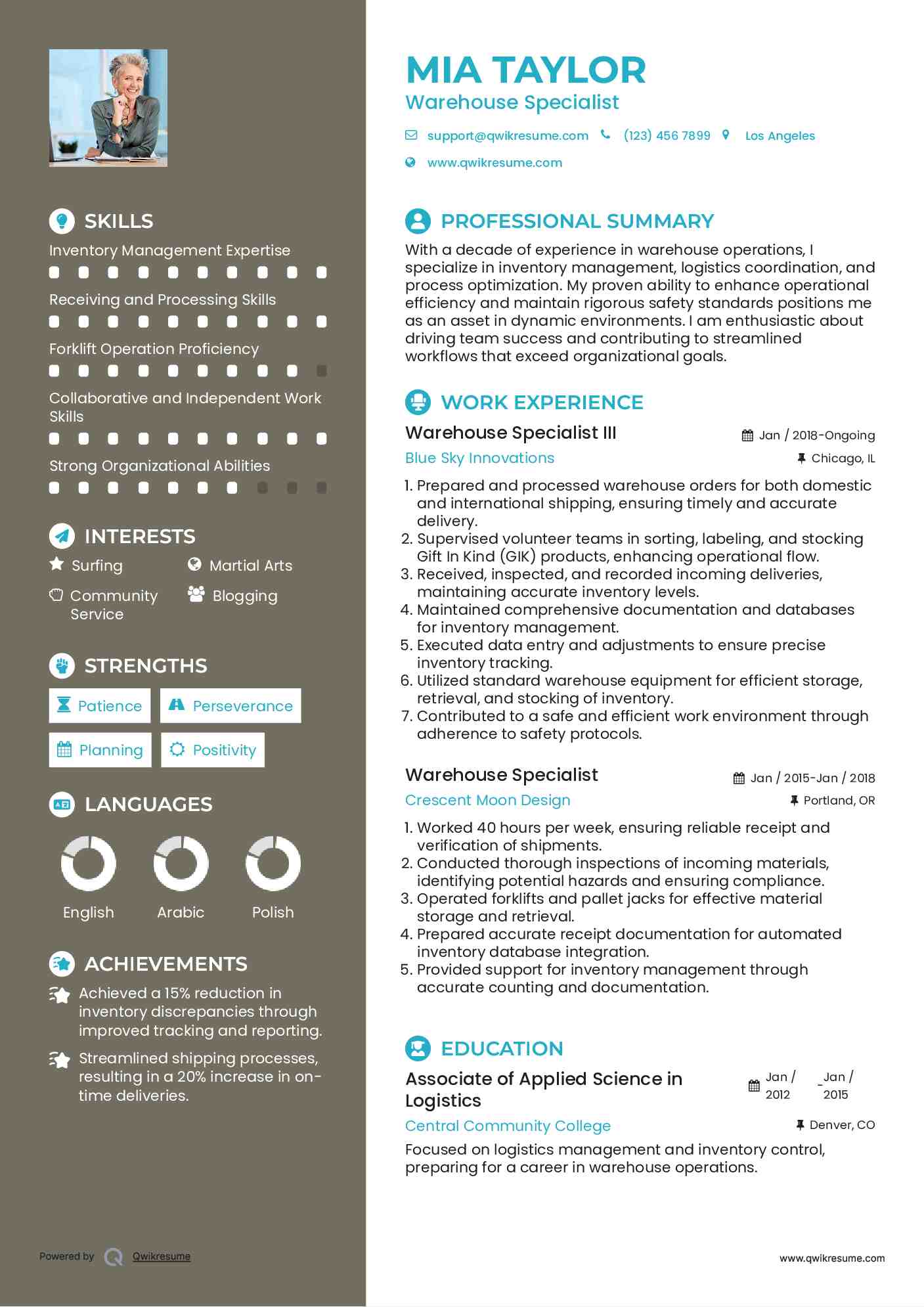 Warehouse Specialist III Resume Sample