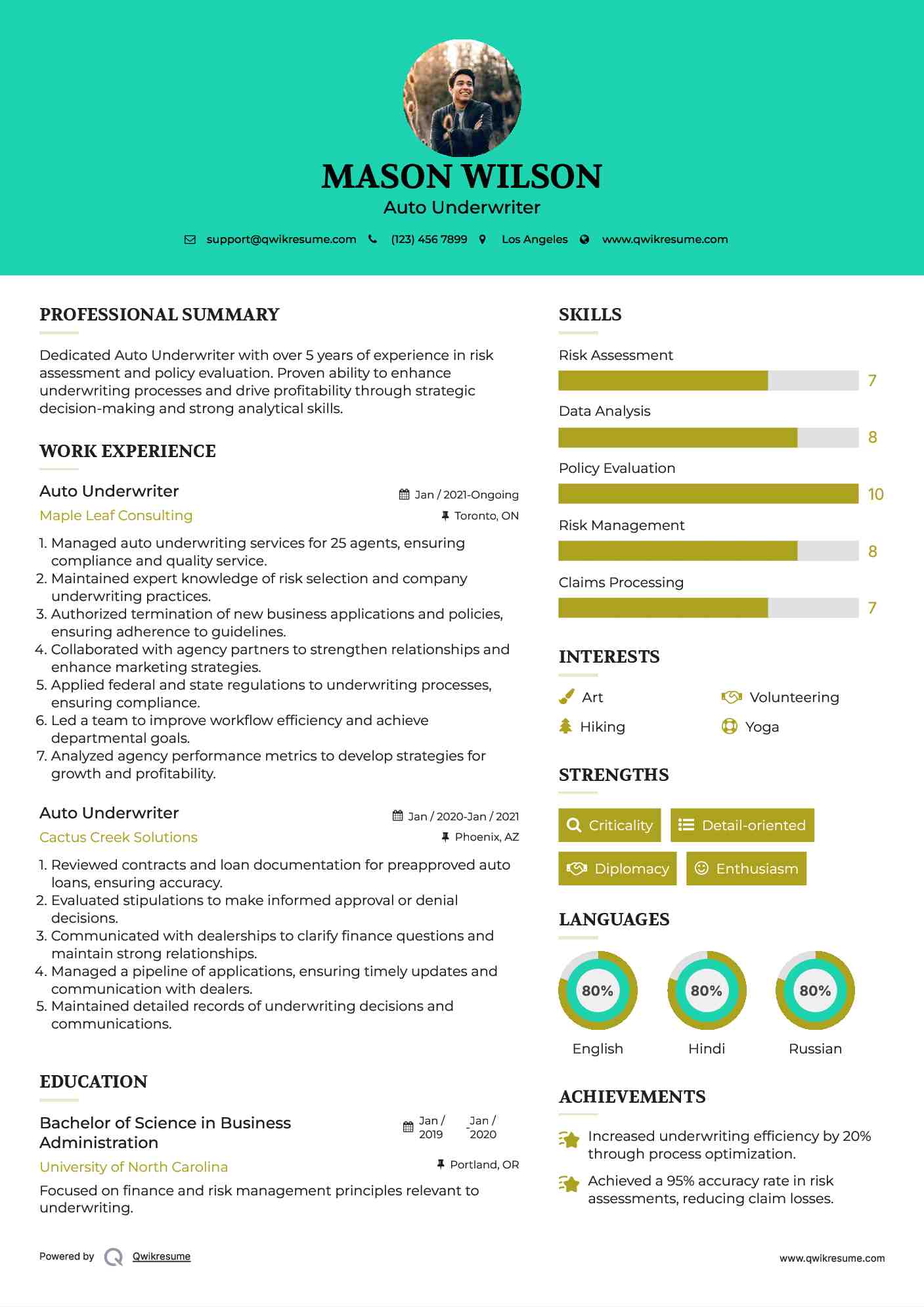Auto Underwriter Resume Model