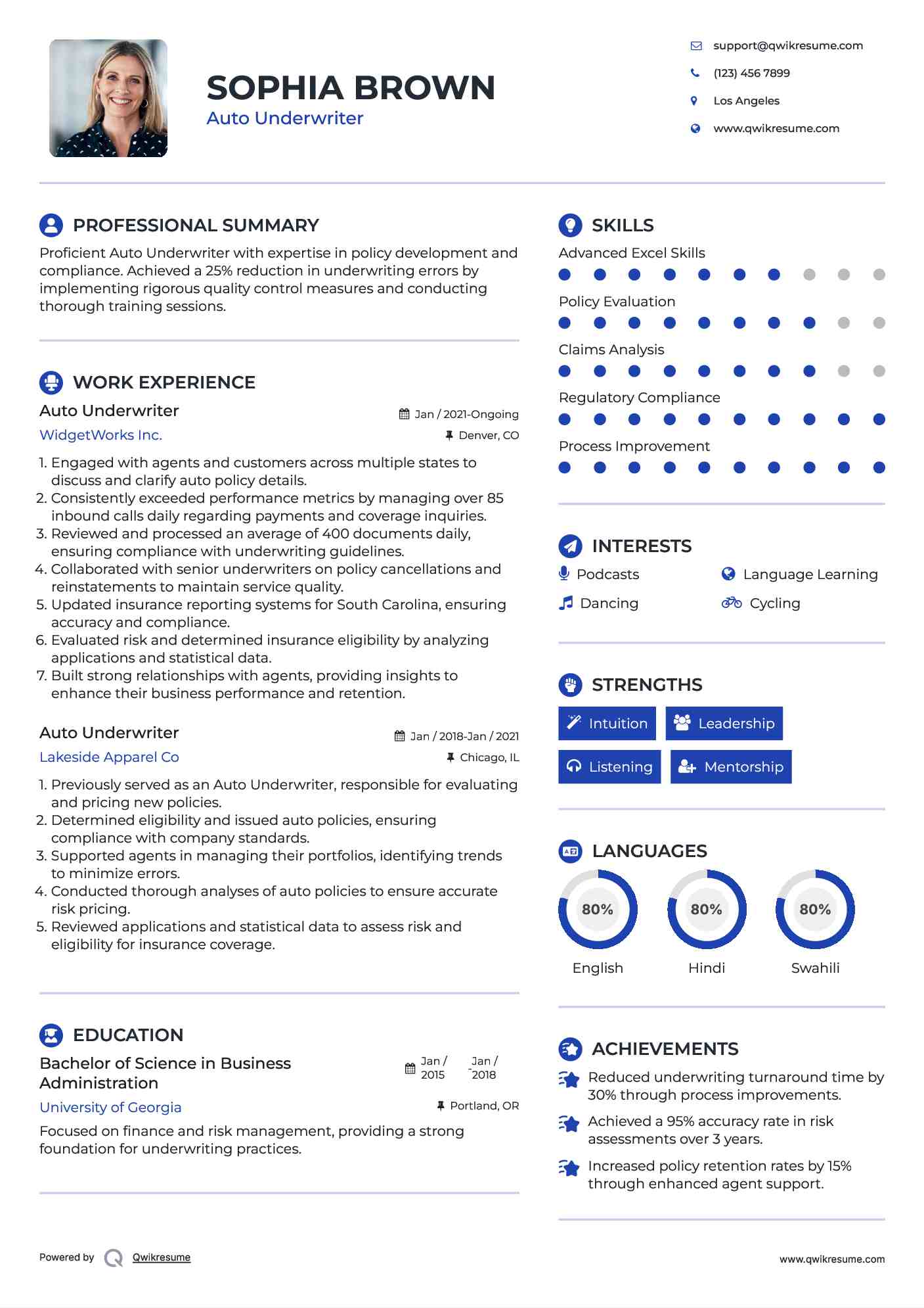 Auto Underwriter Resume Sample