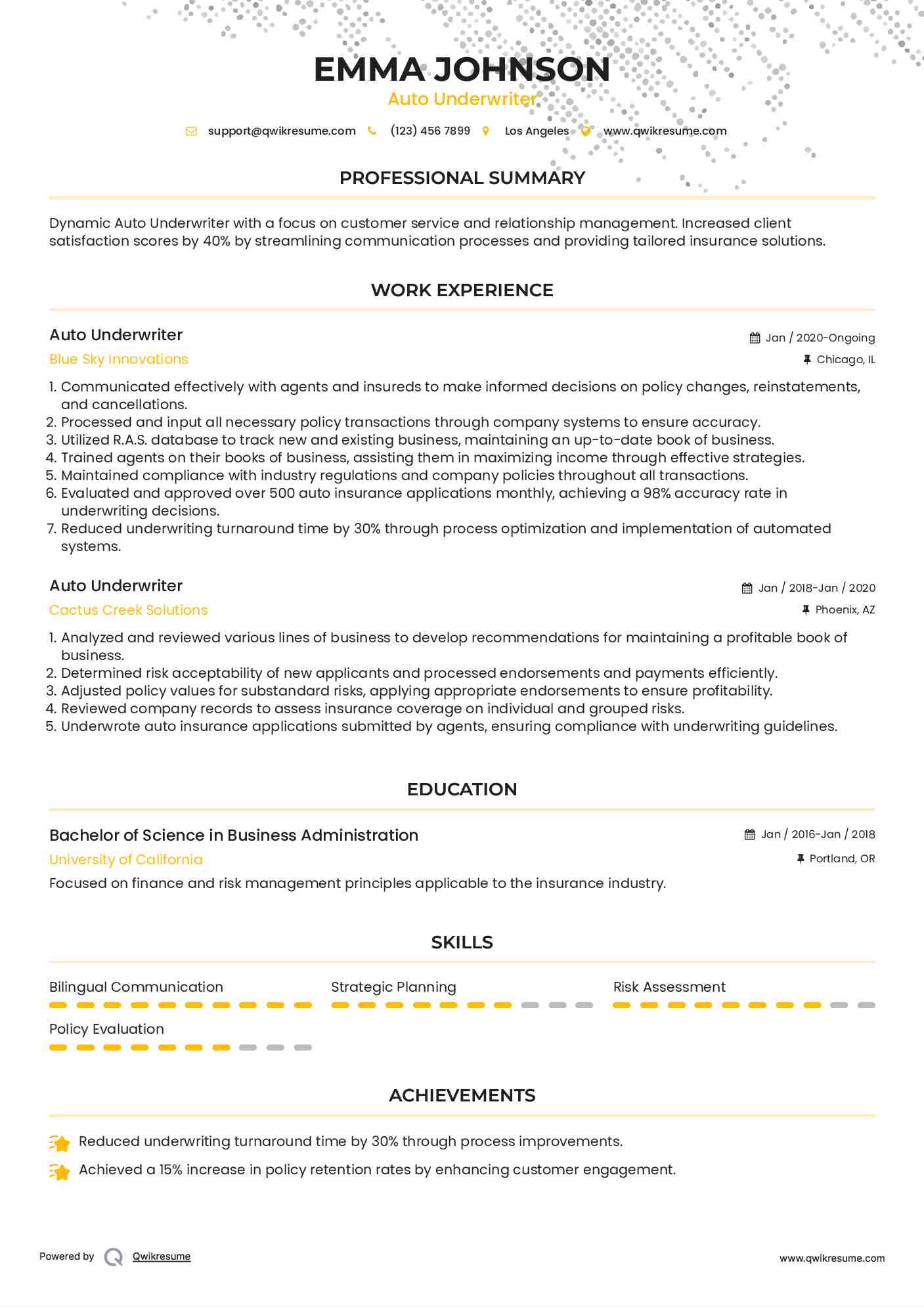 Auto Underwriter Resume Template