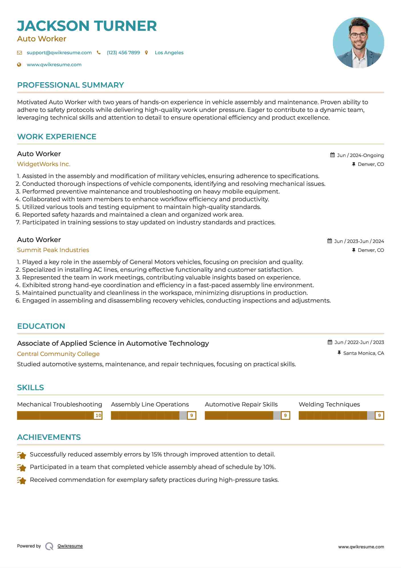 Auto Worker Resume Format