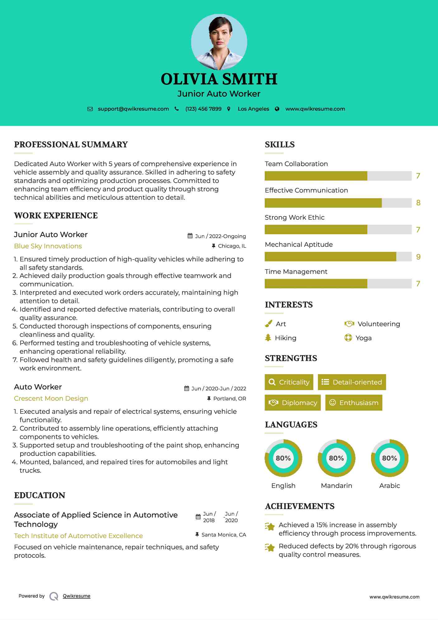 Junior Auto Worker Resume Example