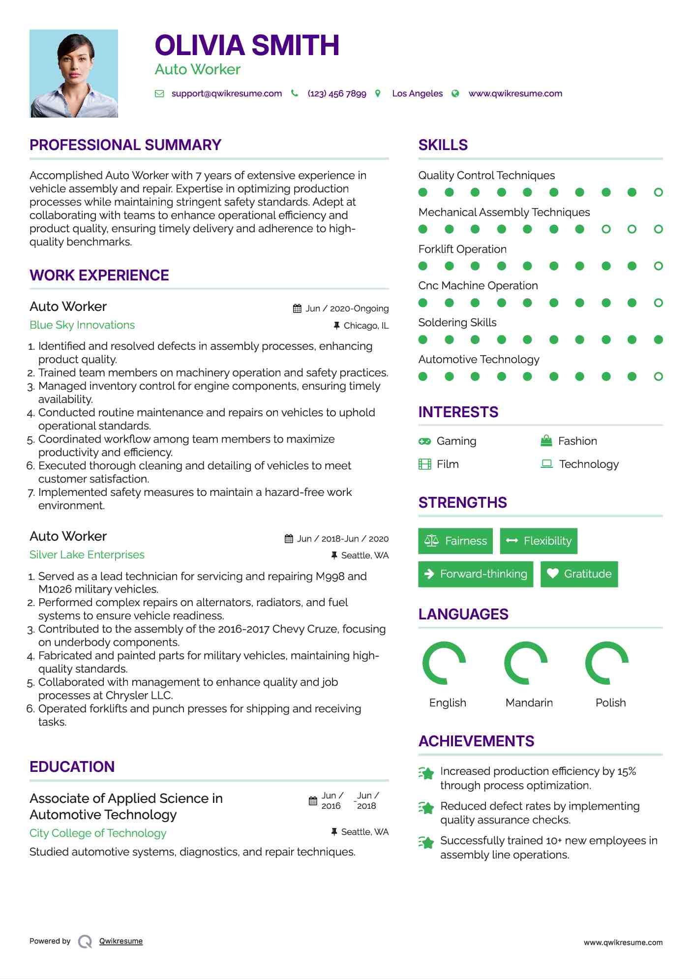 Auto Worker Resume Template
