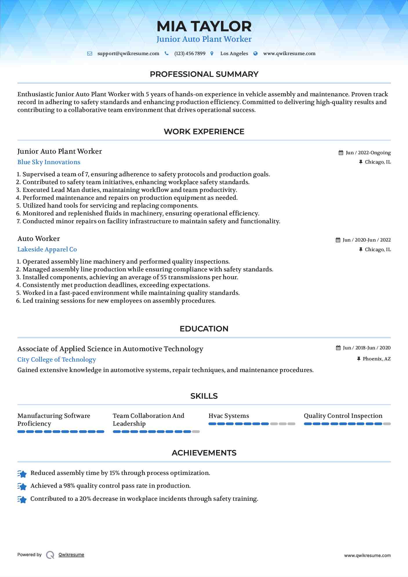 Junior Auto Plant Worker Resume Template