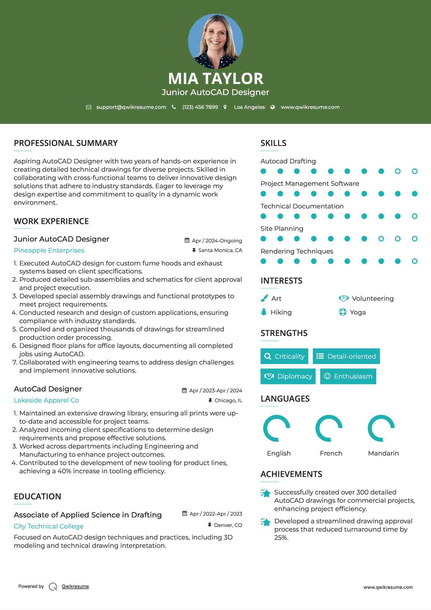 Junior AutoCAD Designer Resume Sample