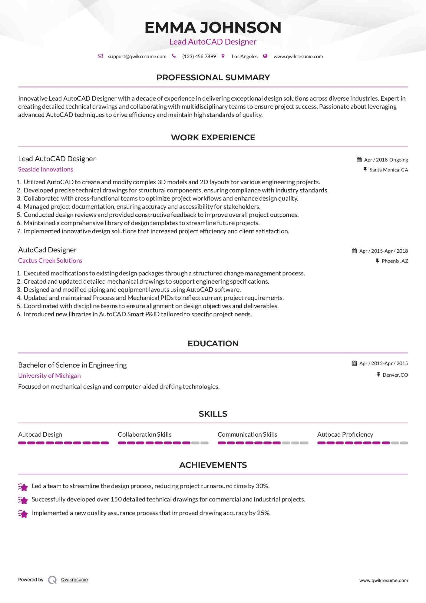 Lead AutoCAD Designer Resume Sample