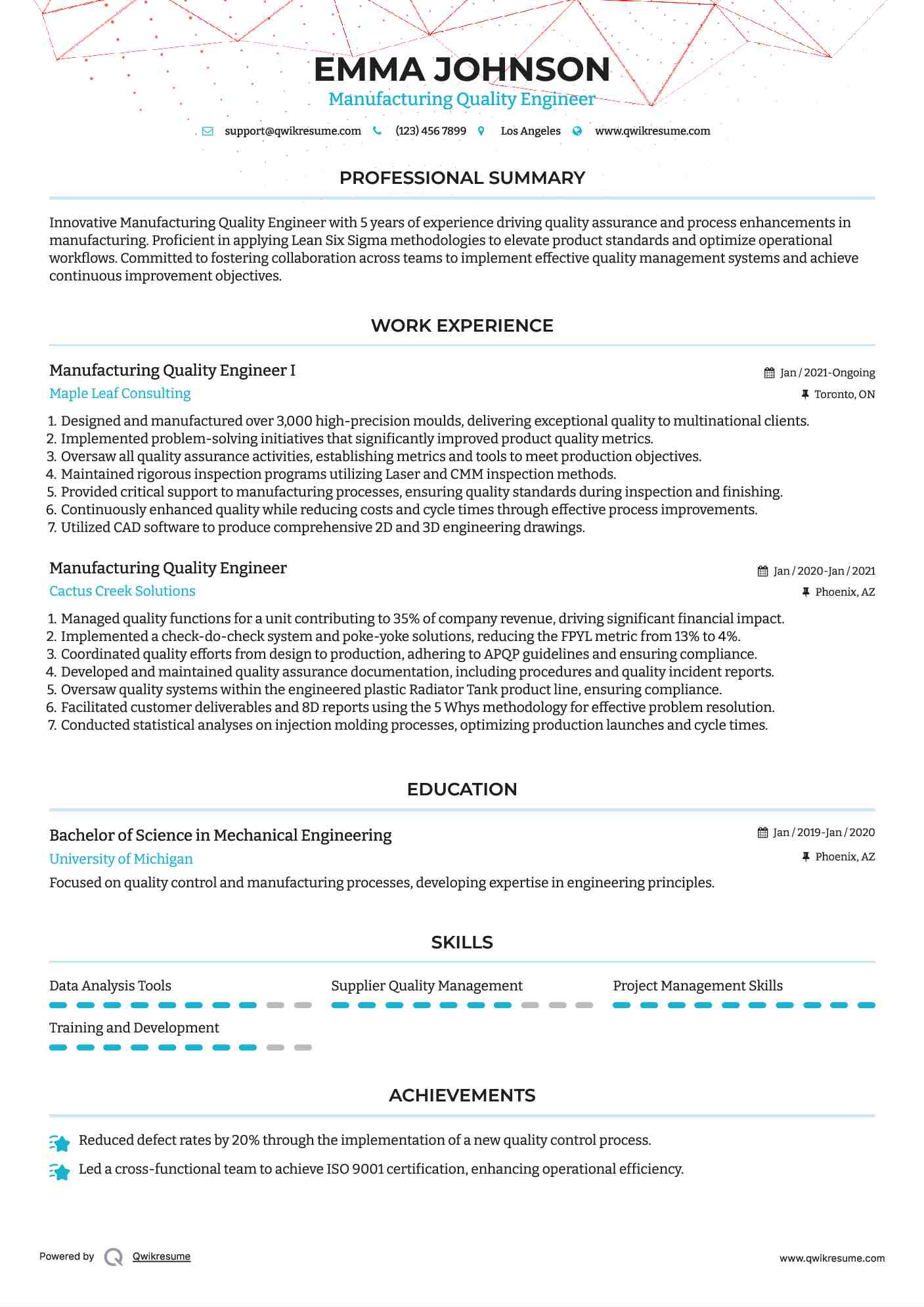 Manufacturing Quality Engineer I Resume Sample