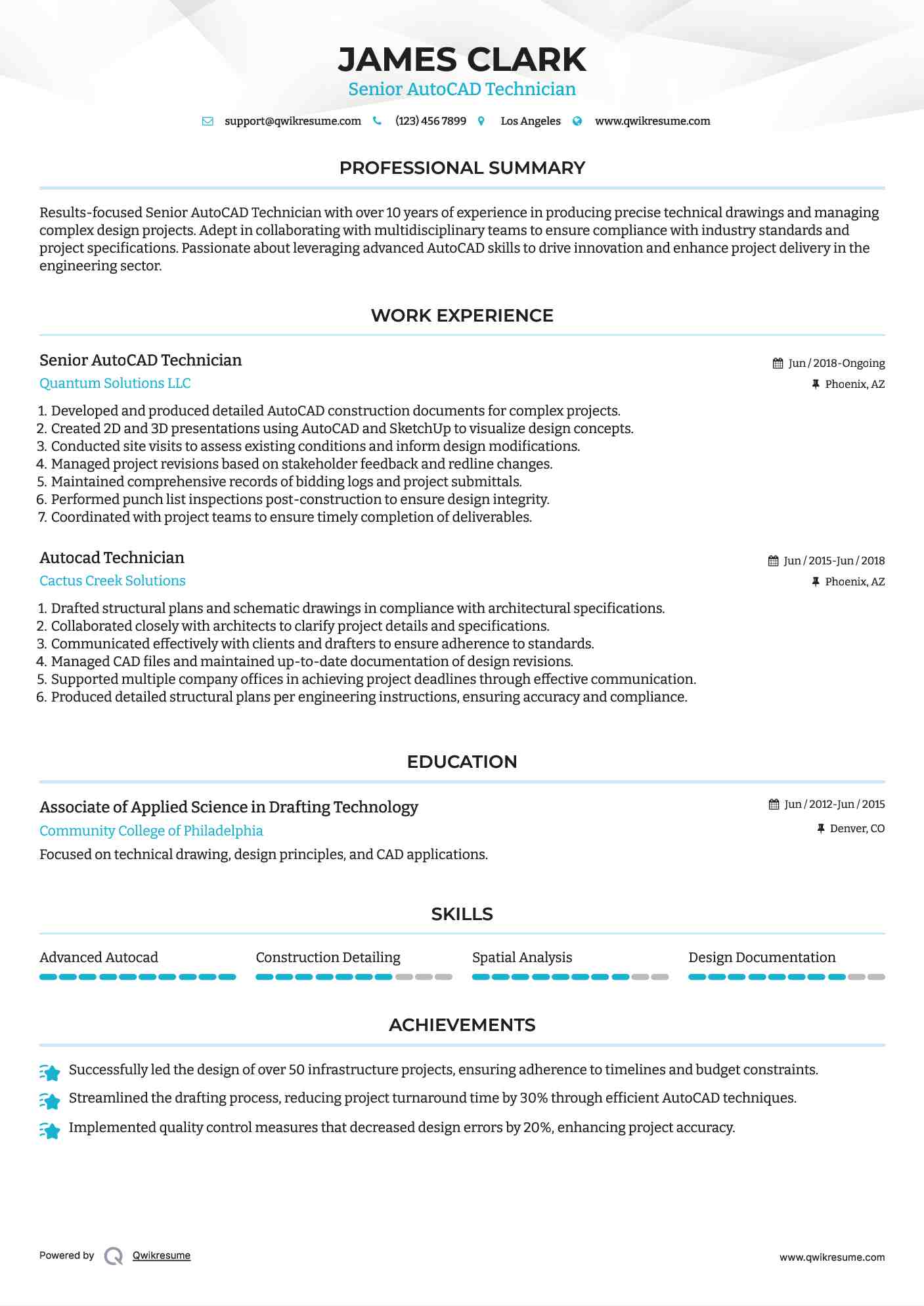 Senior AutoCAD Technician  Resume Sample