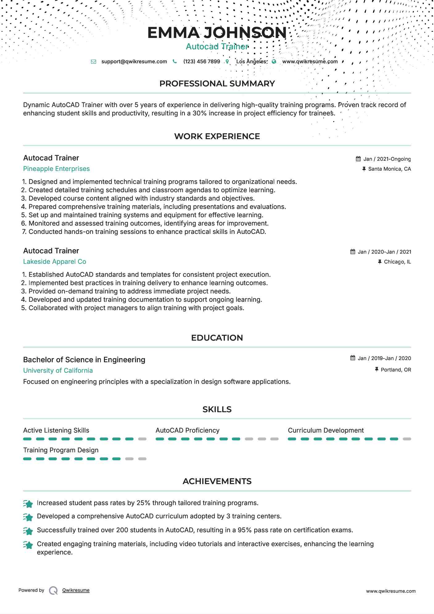 Autocad Trainer Resume Sample