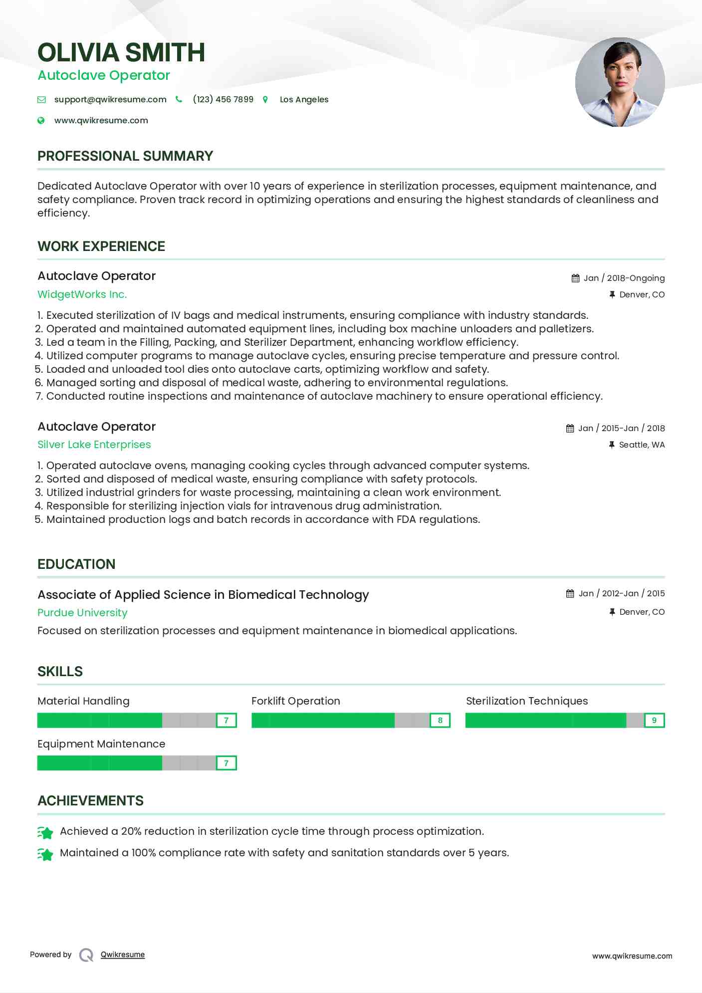 Autoclave Operator Resume Sample