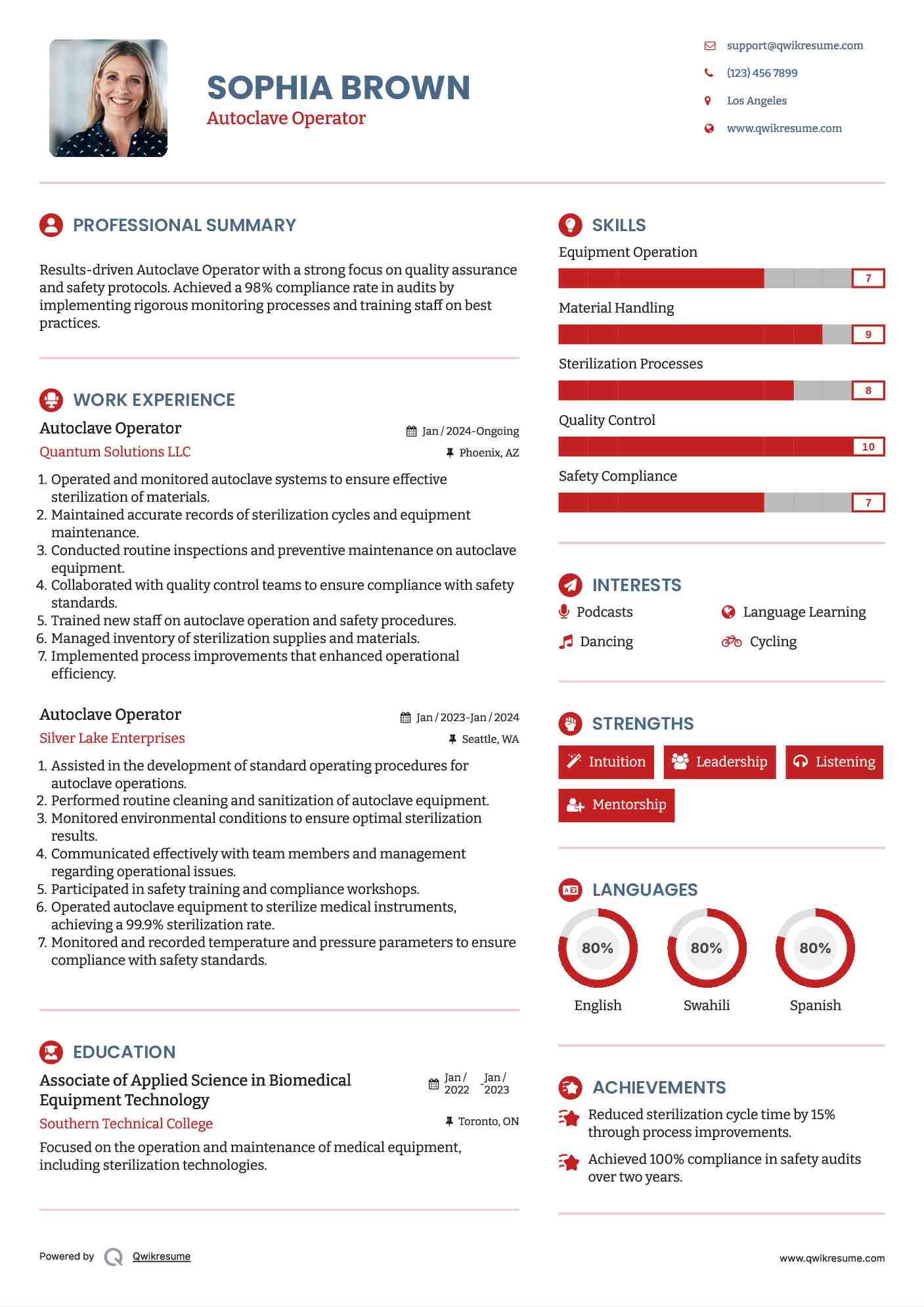 Autoclave Operator Resume Samples QwikResume