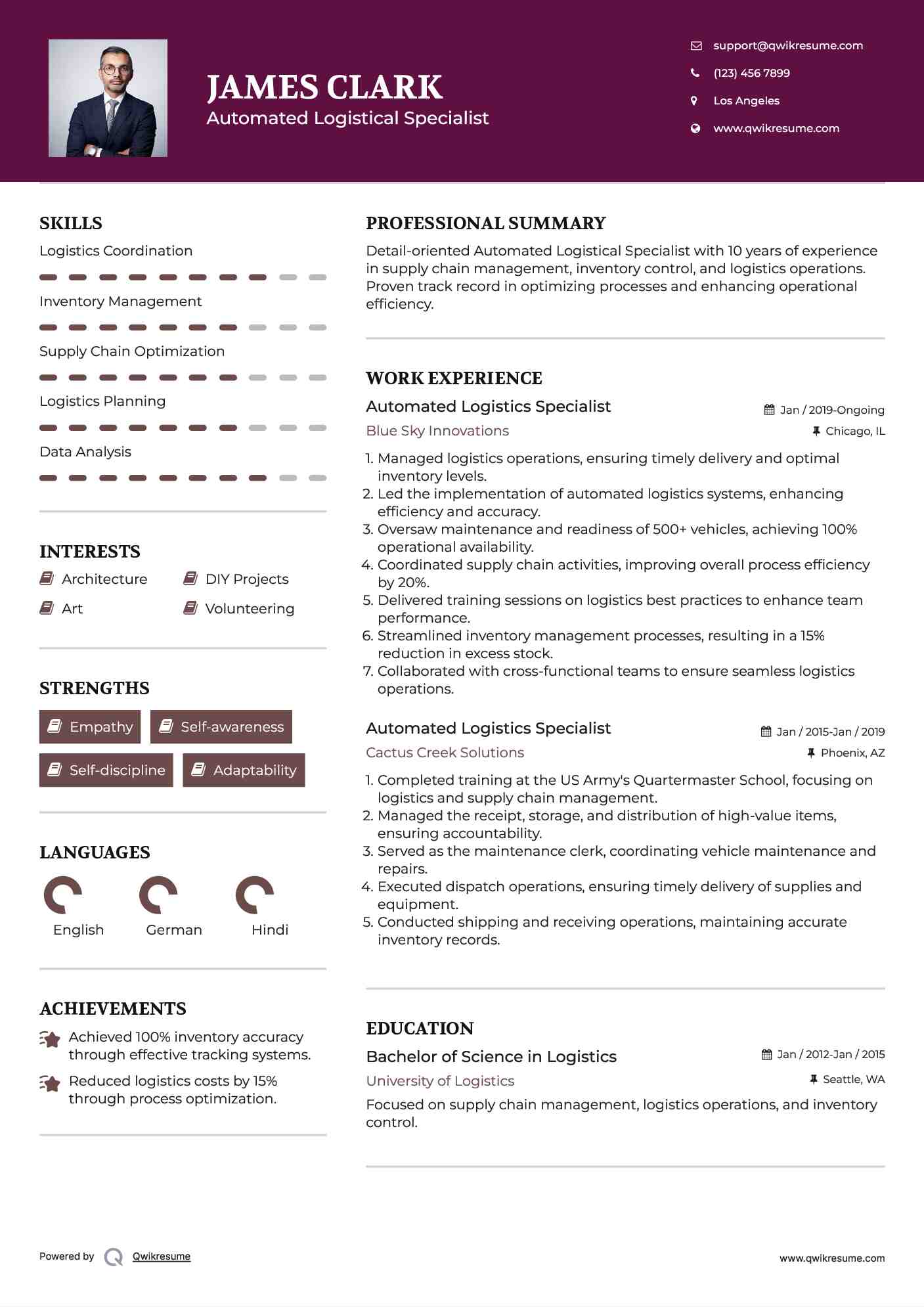 Automated Logistics Specialist Resume Model