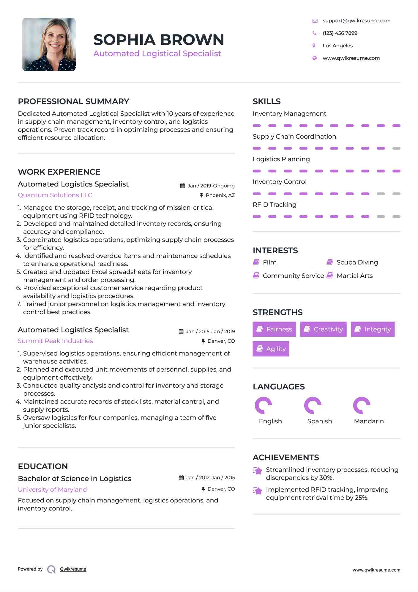 Automated Logistics Specialist Resume Sample