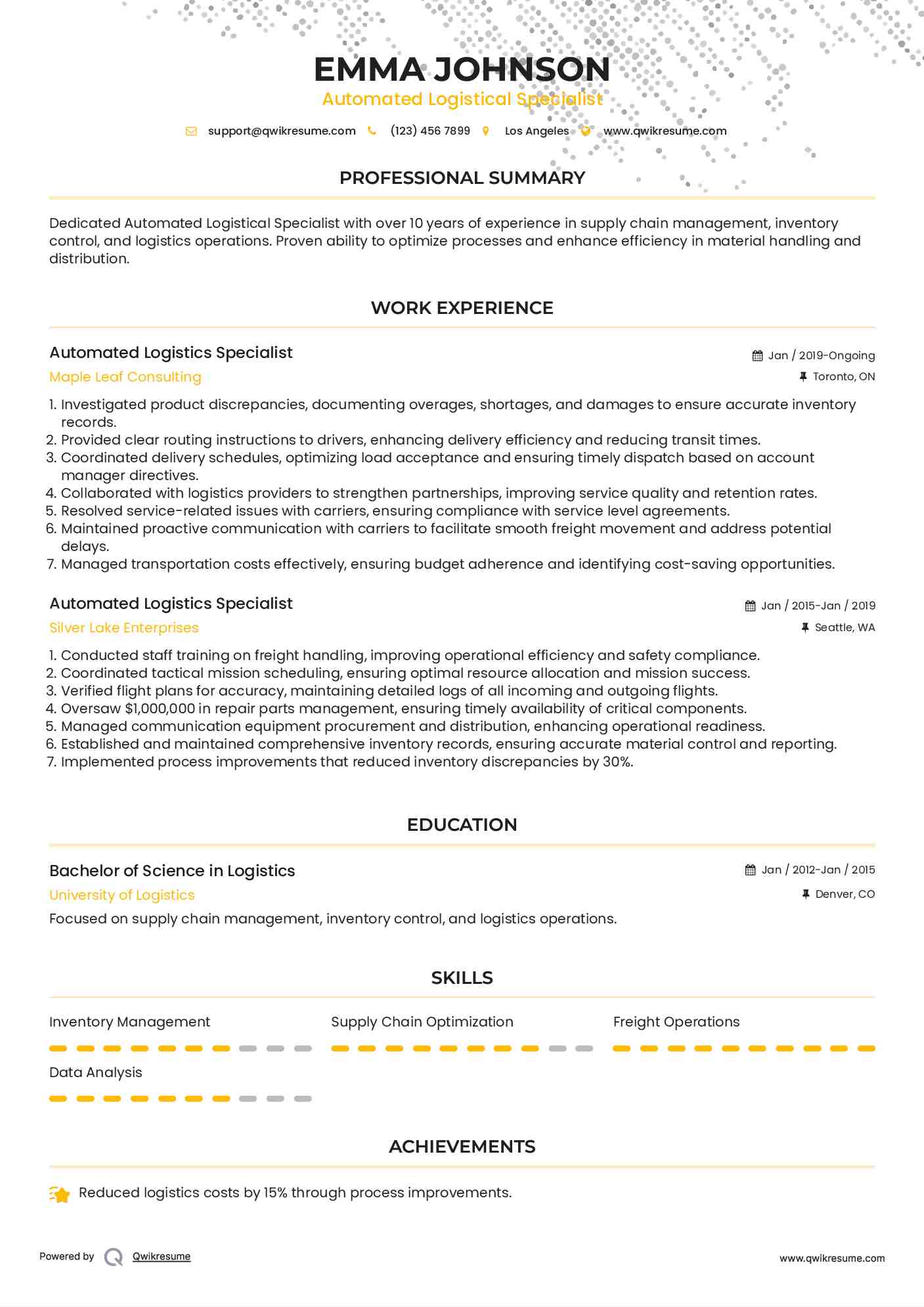 Automated Logistics Specialist Resume Template