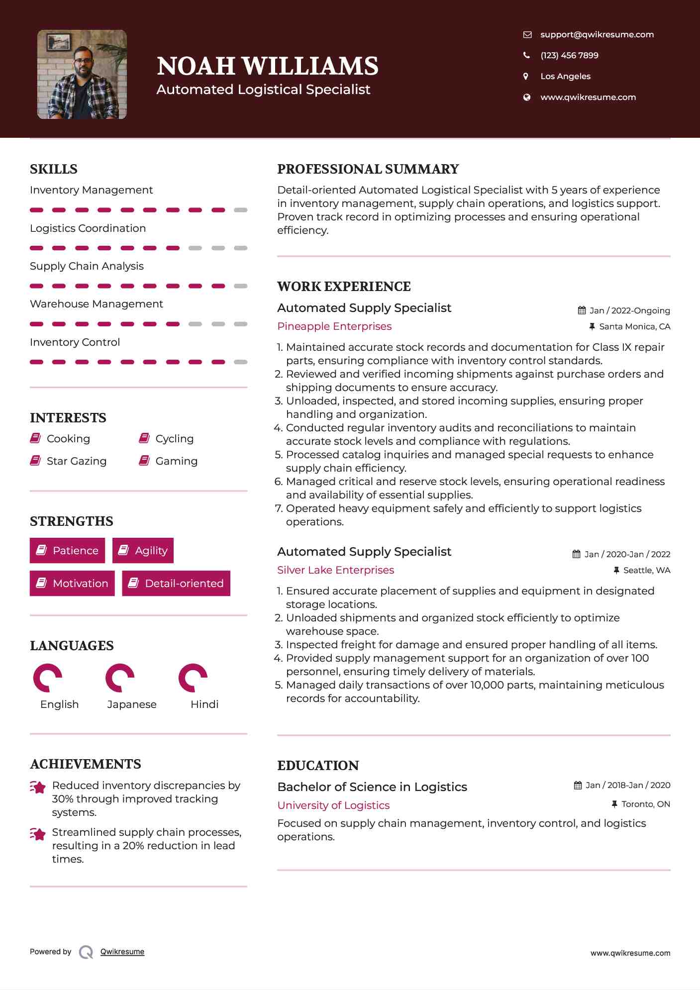 Automated Supply Specialist Resume Model