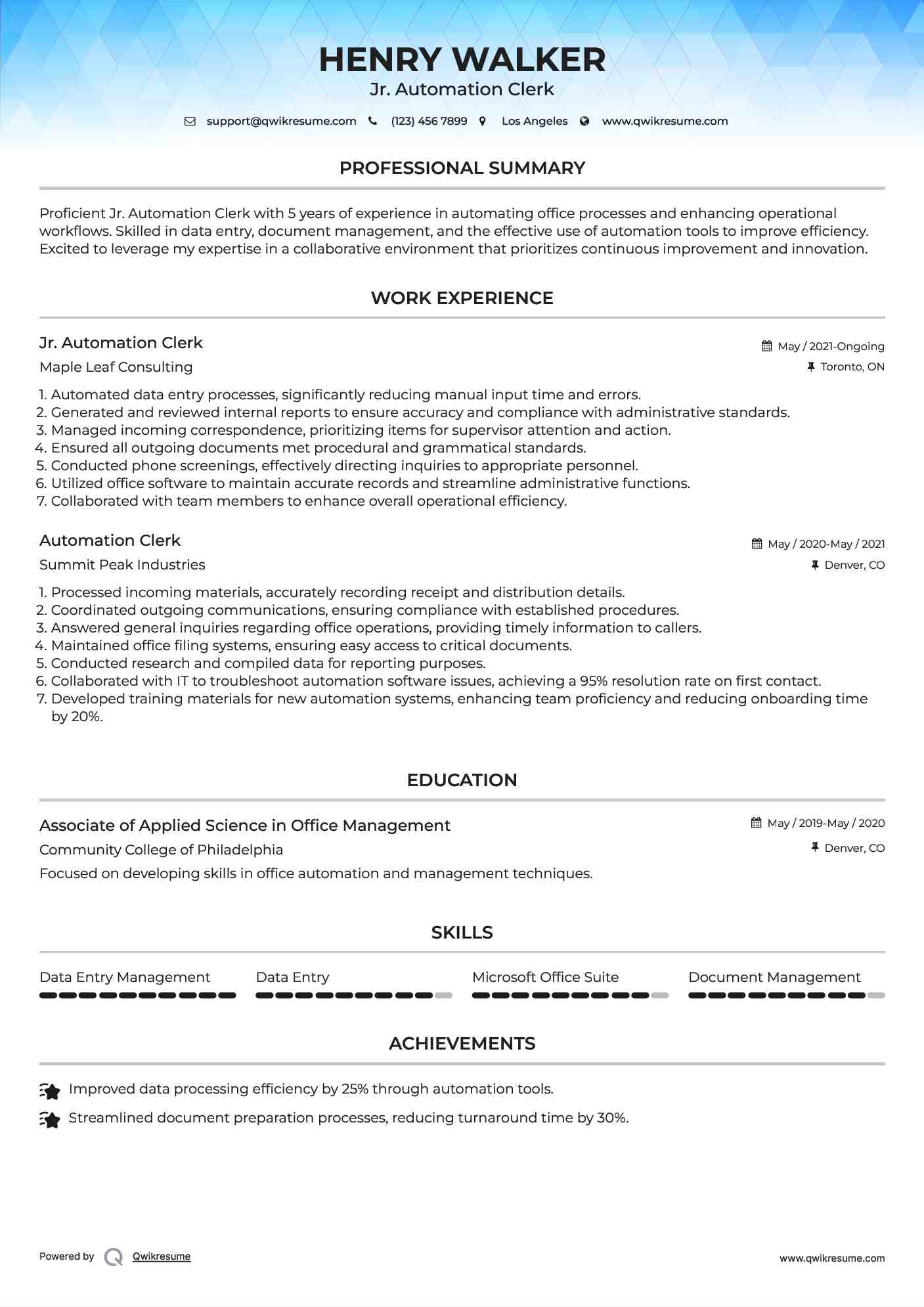 Jr. Automation Clerk Resume Model