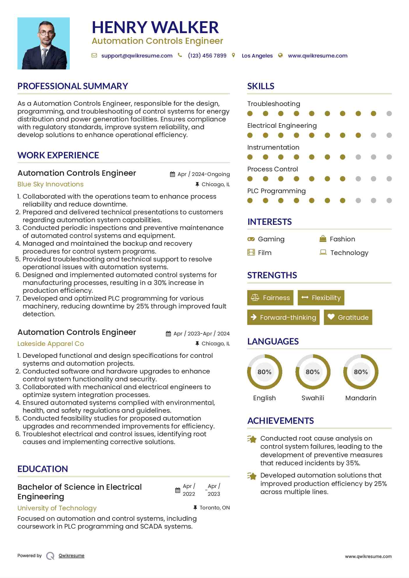 Automation Controls Engineer Resume Example