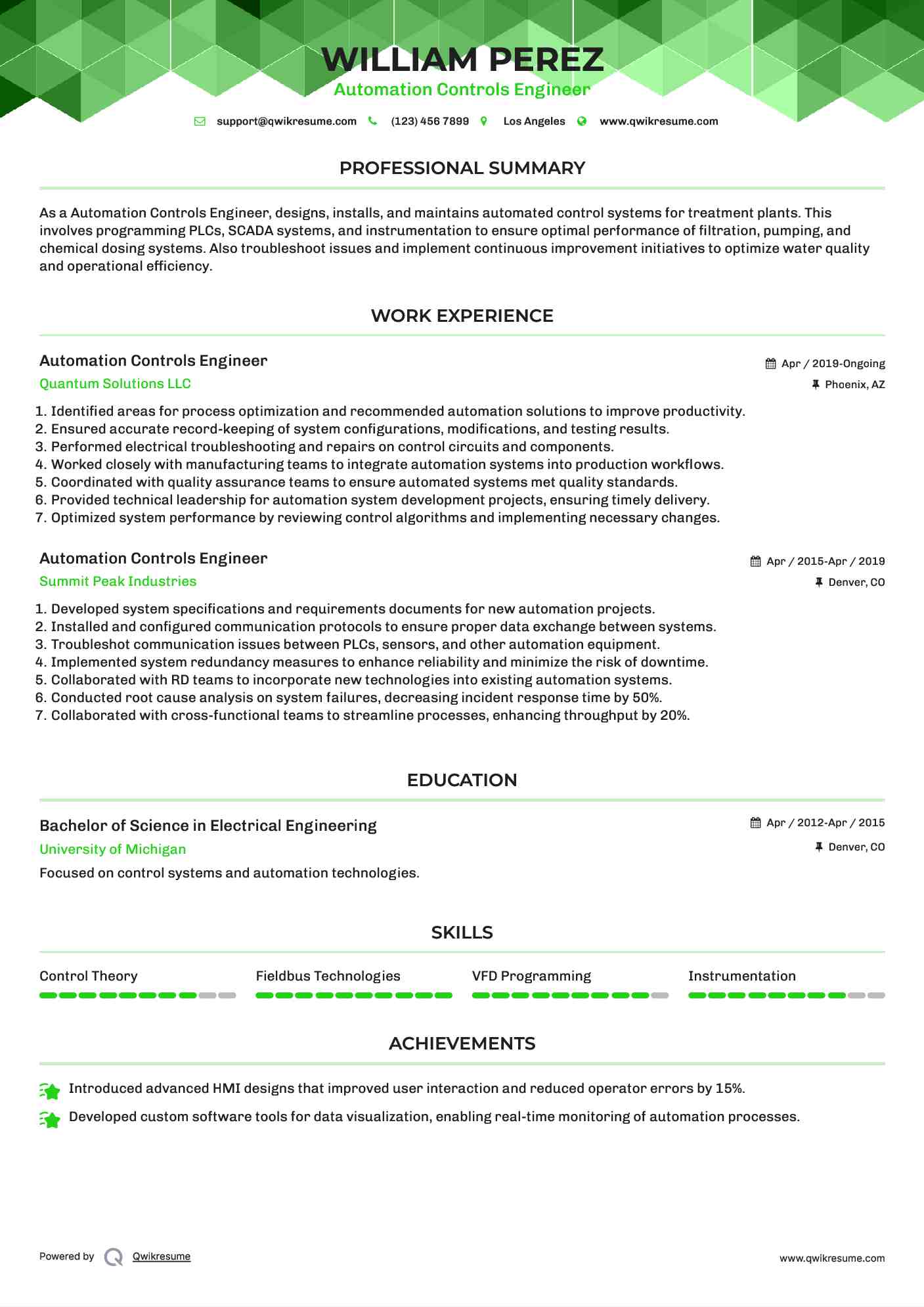 Automation Controls Engineer Resume Example