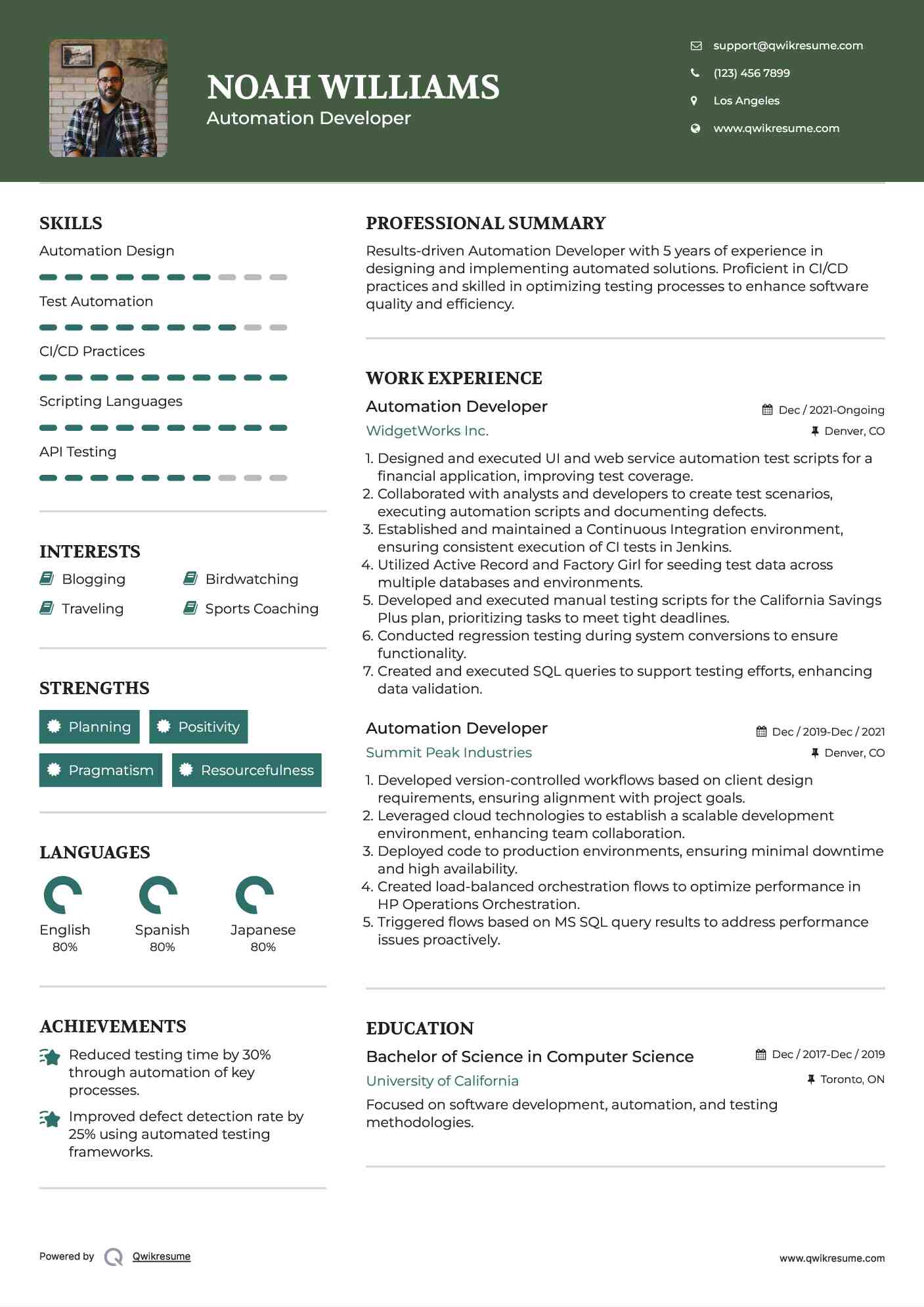 Automation Developer Resume Example