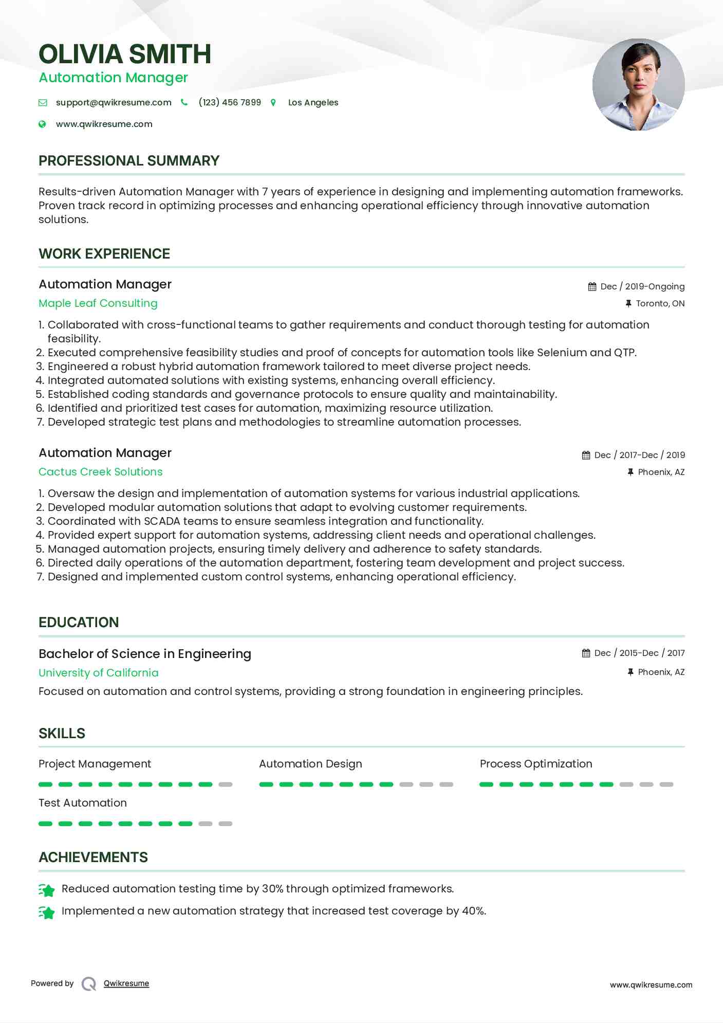Automation Manager Resume Sample