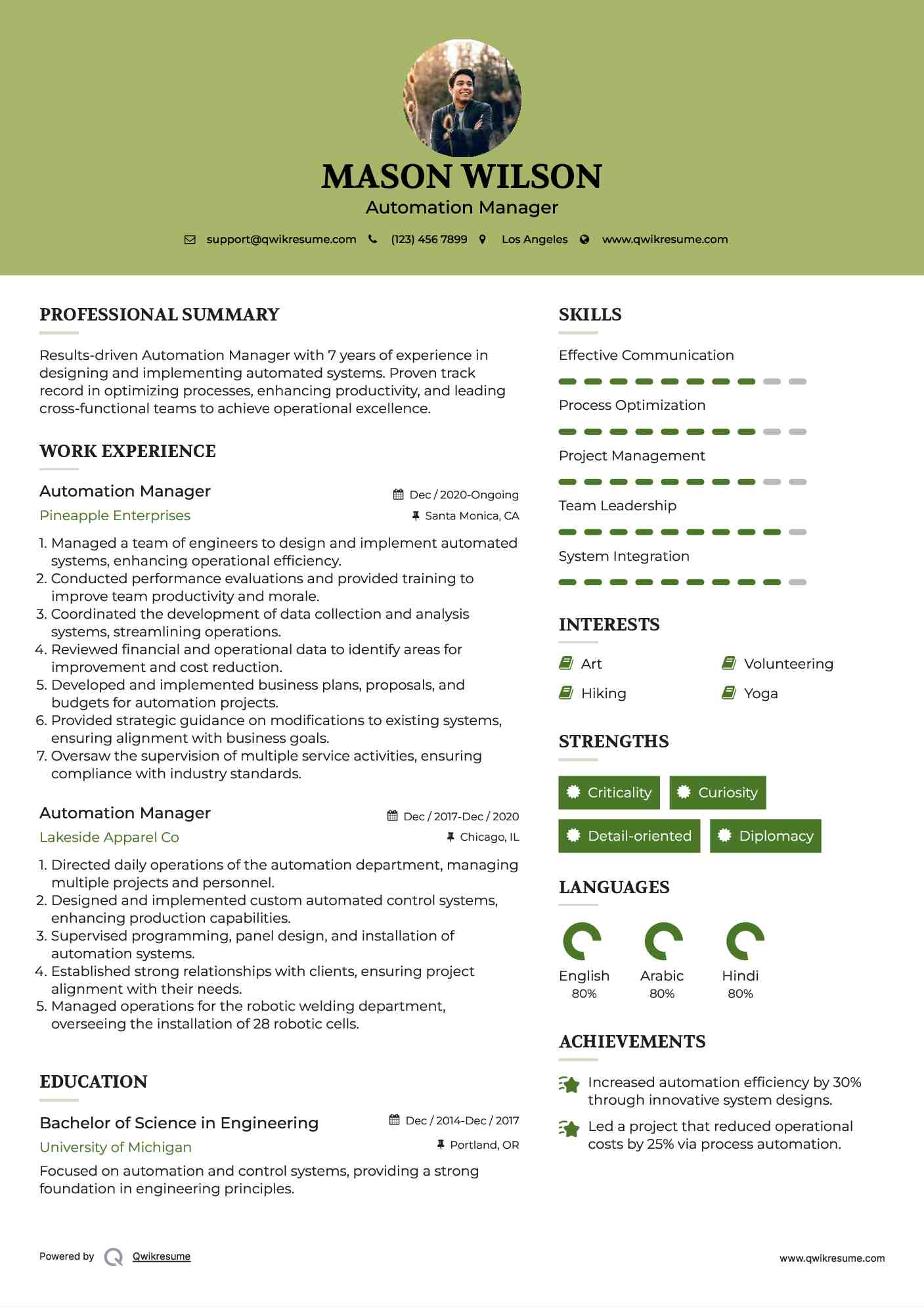 Automation Manager Resume Model