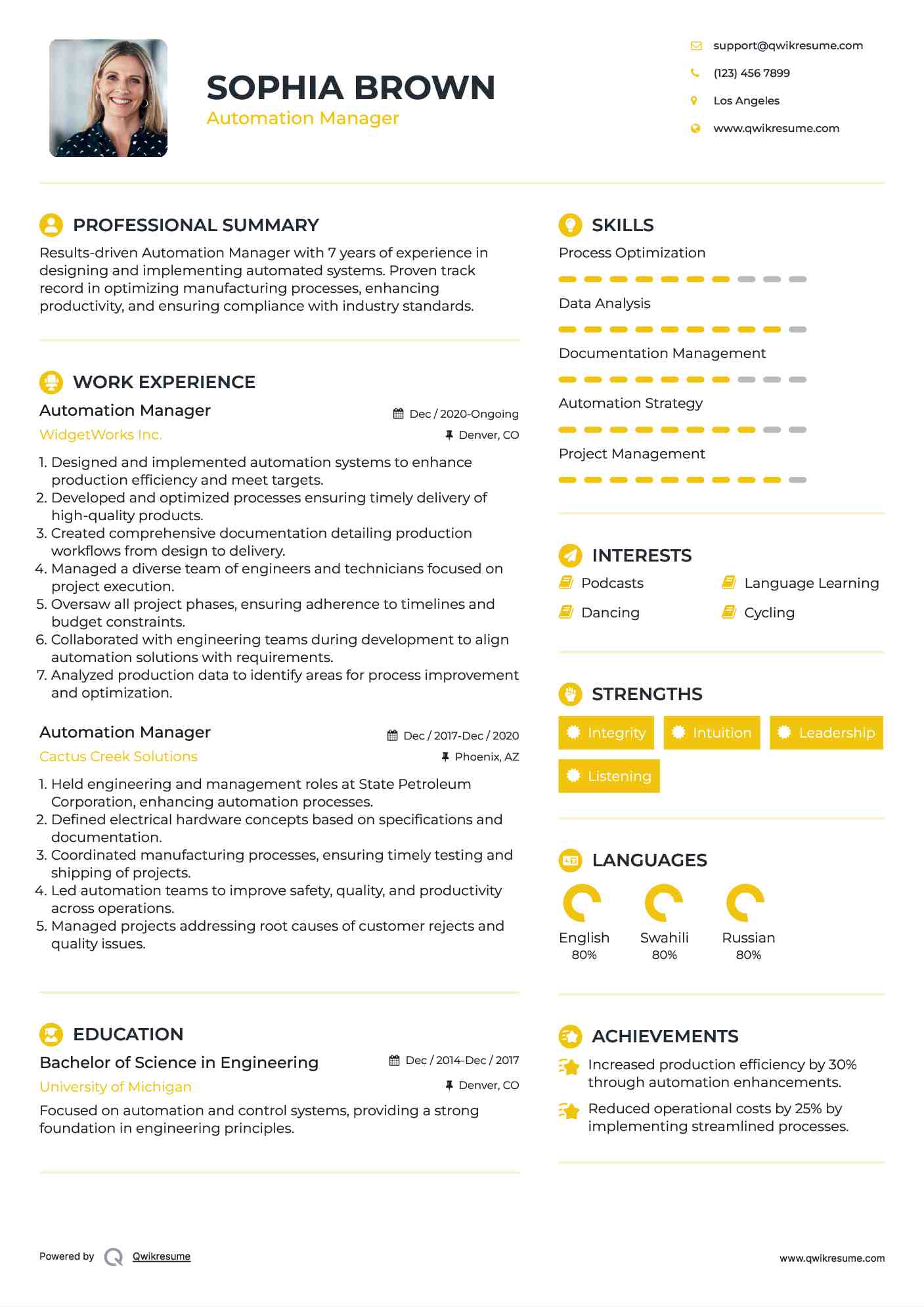 Automation Manager Resume Model
