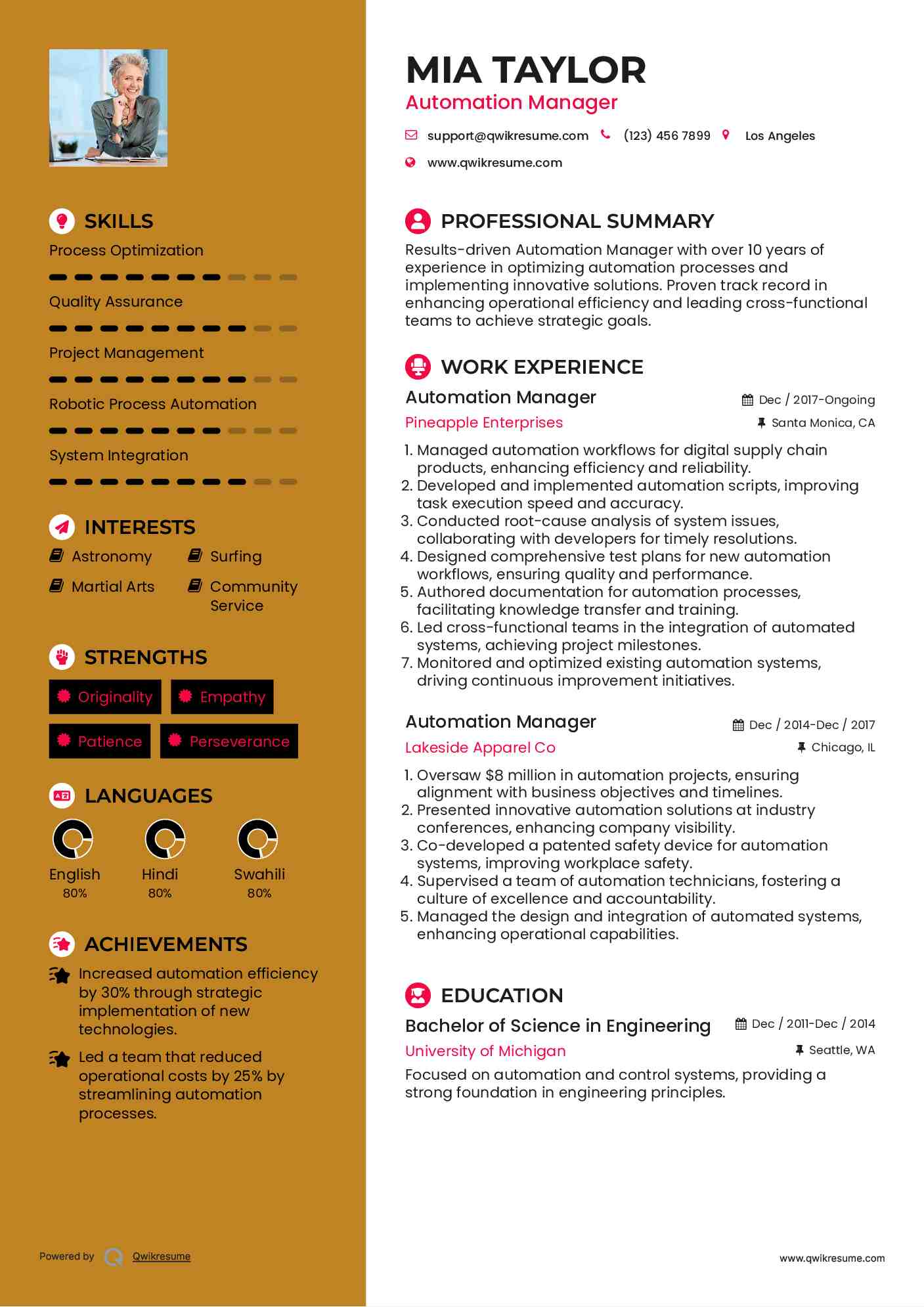 Automation Manager Resume Example