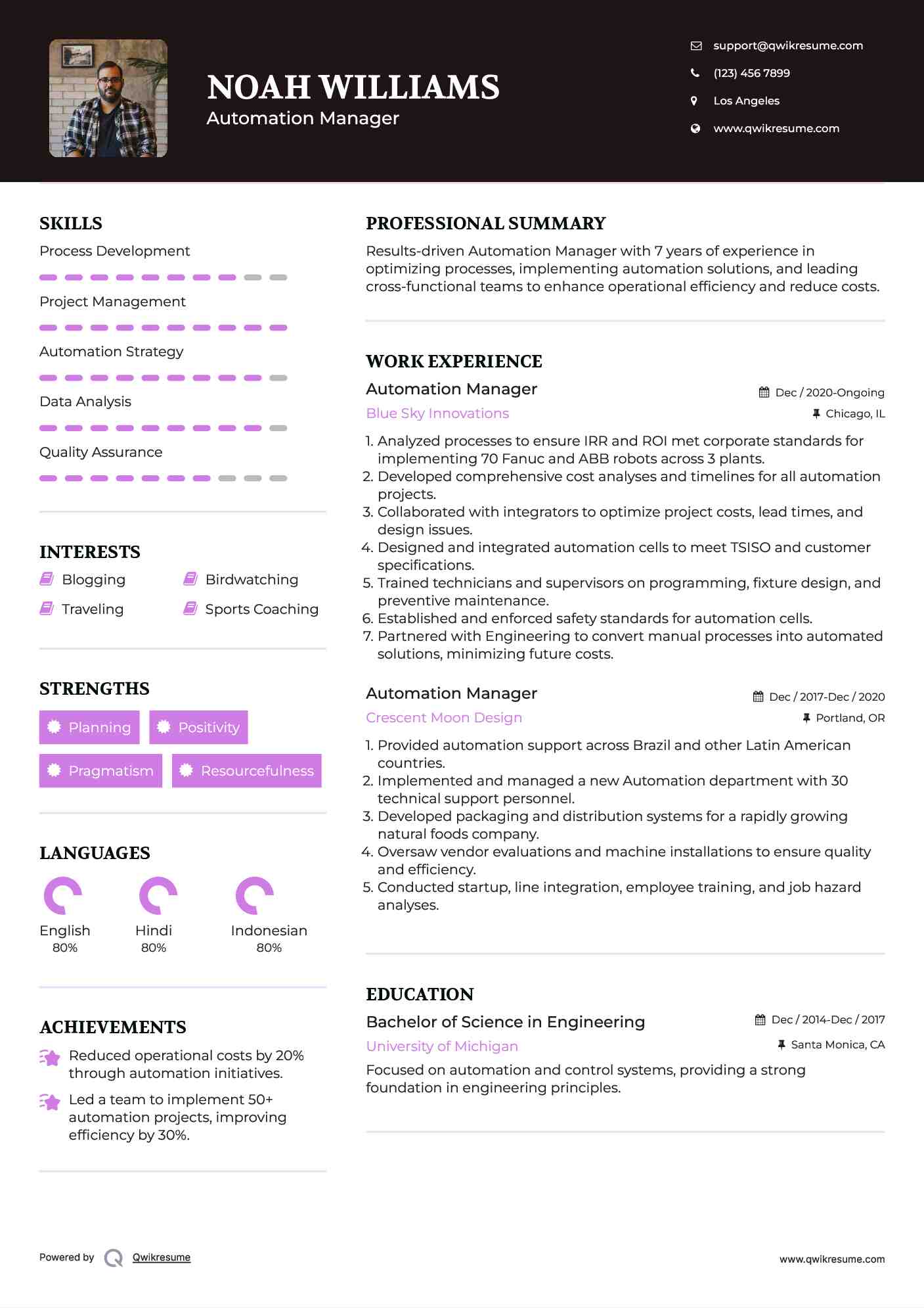 Automation Manager Resume Example