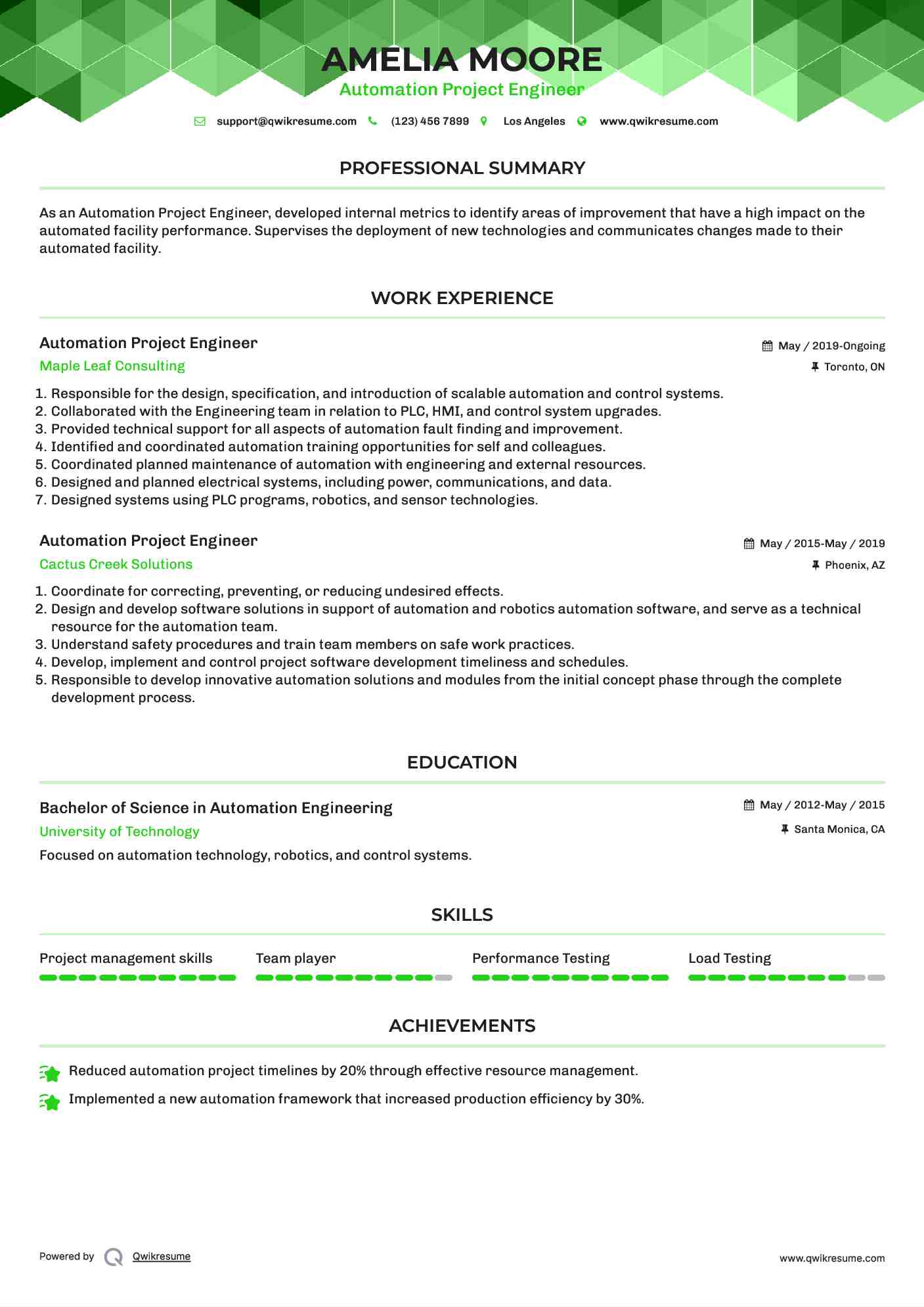 Automation Project Engineer Resume Template